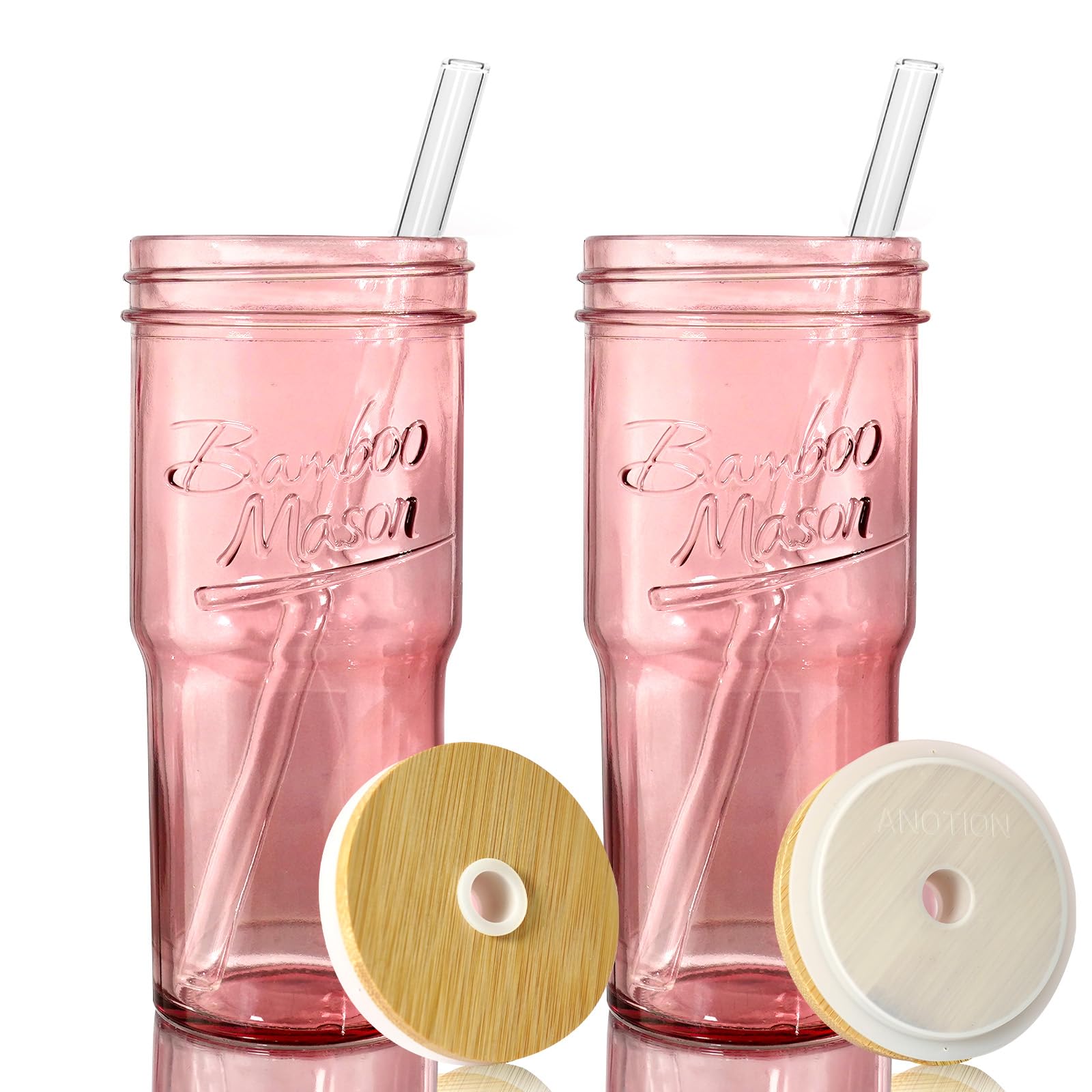 ANOTION Glass Cups with Lids and Straws - 40 Oz Tumbler with Handle and Straw Glass Water Bottles Drinking Glasses with Straws Iced Coffee Cups Travel Coffee Mug Smoothie Tumbler