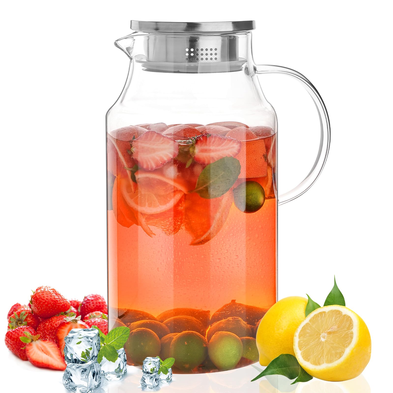 Set of 2 Glass Pitcher with Lid,2 Quart (64 oz / 1.9 Liter) Leak Proof,Glass Water Jugs, BPA-Free,Microwave & Dishwasher Safe Pitcher,Sun & Iced Tea, Sangria,Cold Brew Coffee & More