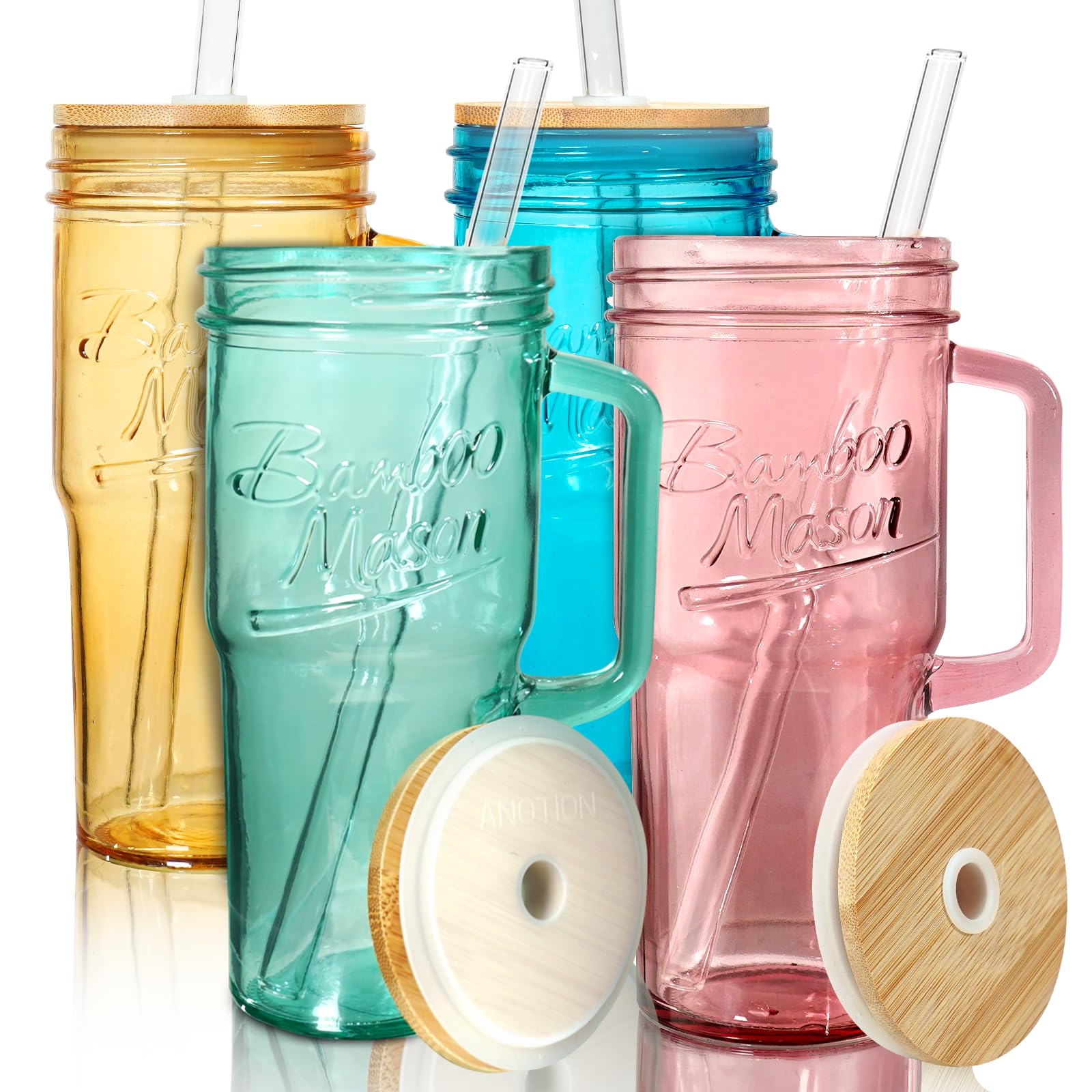 ANOTION Glass Cups with Lids and Straws - 40 Oz Tumbler with Handle and Straw Glass Water Bottles Drinking Glasses with Straws Iced Coffee Cups Travel Coffee Mug Smoothie Tumbler