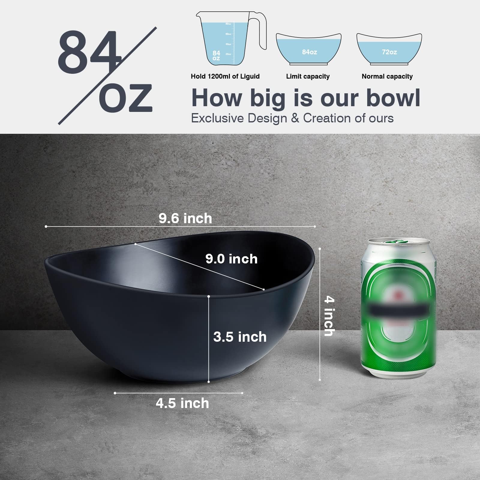 9.6'' Serving Bowls, 84oz Bamboo Fiber Salad Bowl Set of 4, Deep Serving Bowls Set, Large Oval Individual Bowls for Eating Salad/Pasta/Cereal/Pho, Ideal for Home & Restaurant (Matte White)