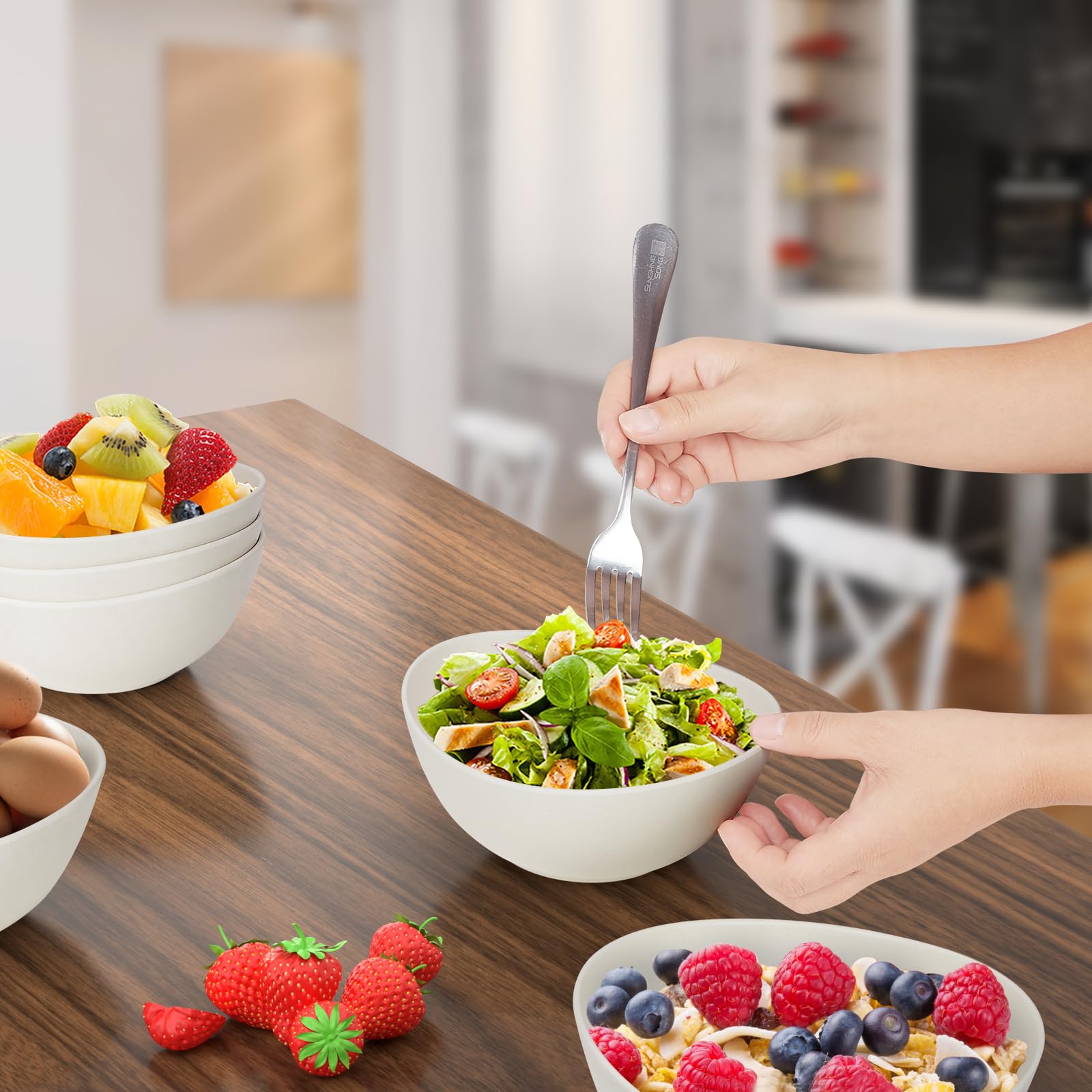 9.6'' Serving Bowls, 84oz Bamboo Fiber Salad Bowl Set of 4, Deep Serving Bowls Set, Large Oval Individual Bowls for Eating Salad/Pasta/Cereal/Pho, Ideal for Home & Restaurant (Matte White)