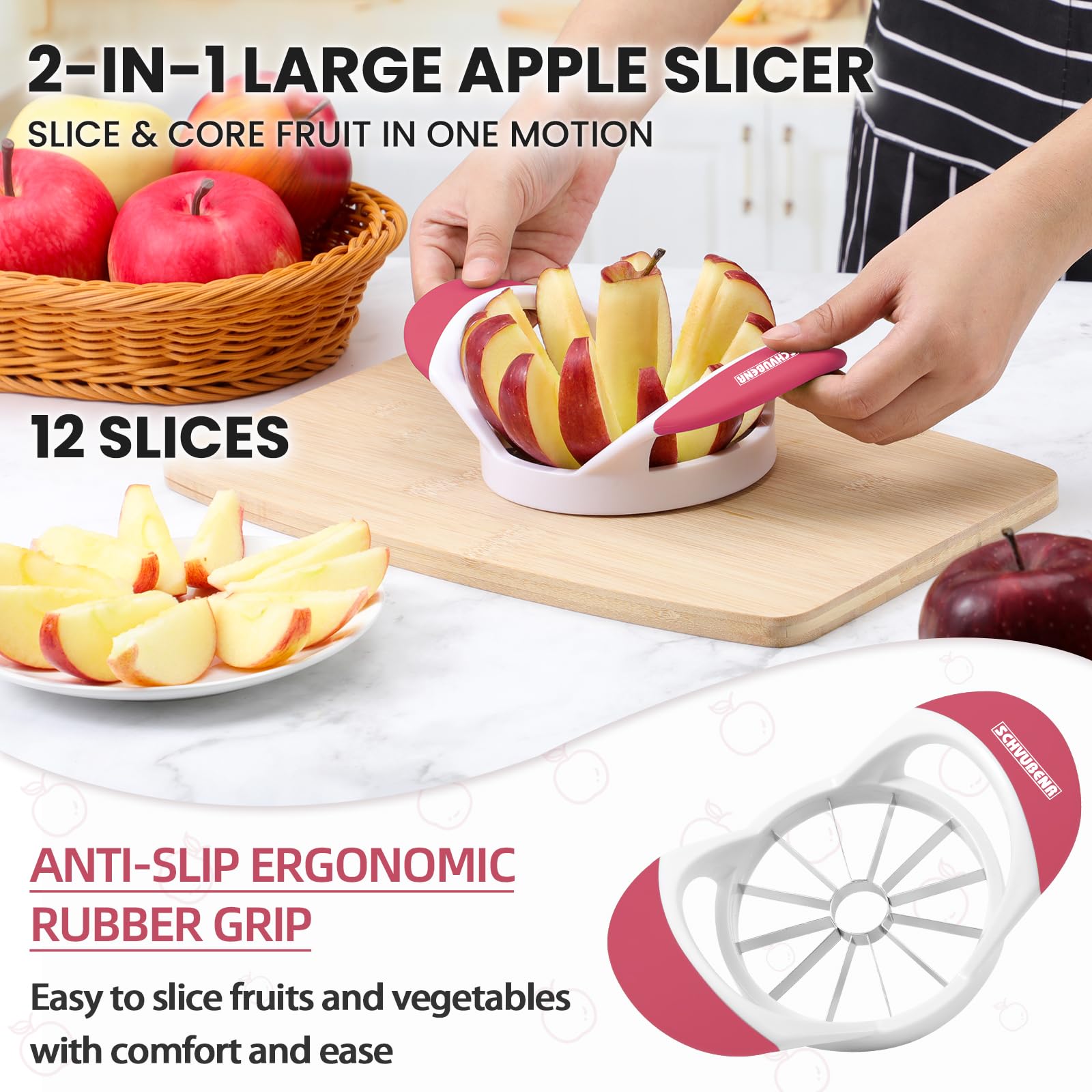 SCHVUBENR 4.72 Inch Large Apple Slicer with 12 Blades - Professional Apple Cutter - Stainless Steel Apple Corer - Sharp Apple Slicer and Corer - Apple Corer Tool - Dishwasher Safe(Black)