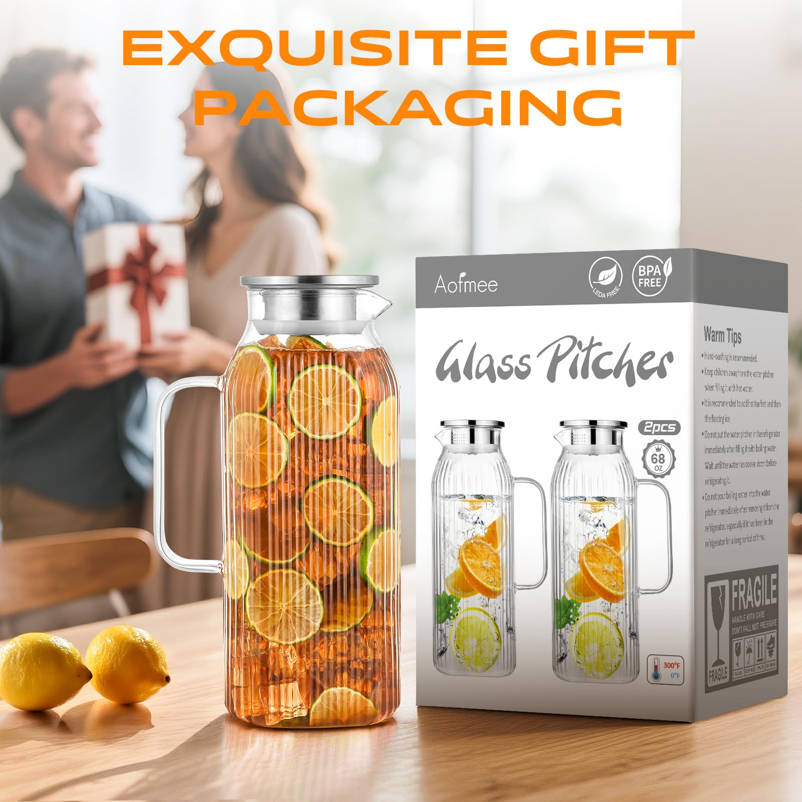 1 Gallon 128oz Glass Pitcher, Water Pitcher with Lid and Spout, Glass Carafe for Hot/Cold Drink, Water Jug for Iced Tea, Coffee, Juice, Milk, Beverage (Extra-Wide Mouth)