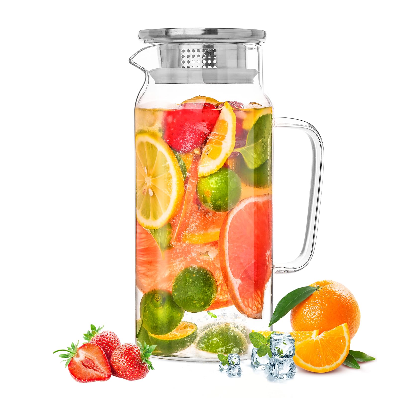Set of 2 Glass Pitcher with Lid,2 Quart (64 oz / 1.9 Liter) Leak Proof,Glass Water Jugs, BPA-Free,Microwave & Dishwasher Safe Pitcher,Sun & Iced Tea, Sangria,Cold Brew Coffee & More