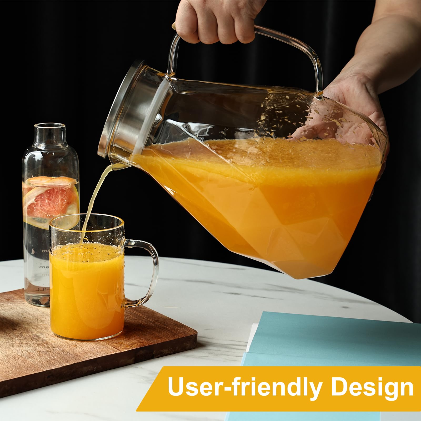 Set of 2 Glass Pitcher with Lid,2 Quart (64 oz / 1.9 Liter) Leak Proof,Glass Water Jugs, BPA-Free,Microwave & Dishwasher Safe Pitcher,Sun & Iced Tea, Sangria,Cold Brew Coffee & More