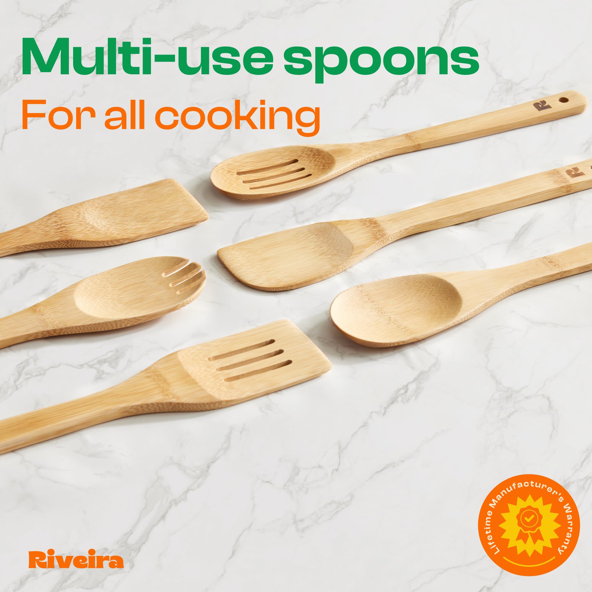 Riveira Premium Brown Bamboo Wooden Spoons for Cooking Set of 9 – Premium Brown Bamboo Wooden Cooking Utensils, Wooden Spatula, Wooden Spoon - Premium Quality Wooden Utensil Set for Non-Toxic Cooking