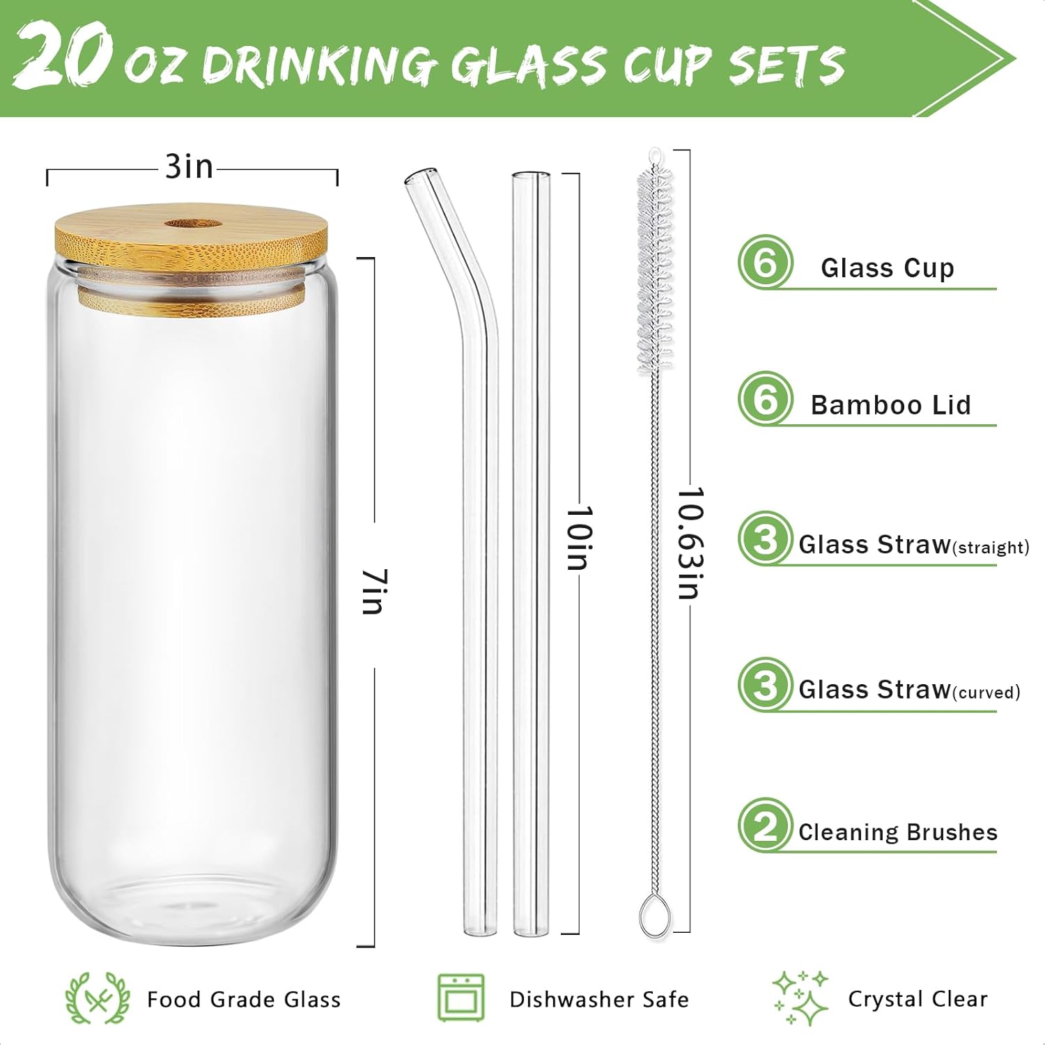 20 Oz Drinking Glasses with Bamboo Lids and Glass Straw - 6 Pcs Glass Cups Beer Ice Coffee Glasses Cute Aesthetic Cup Great for Coffee Bar Accessories Include 2 Cleaning Brushes