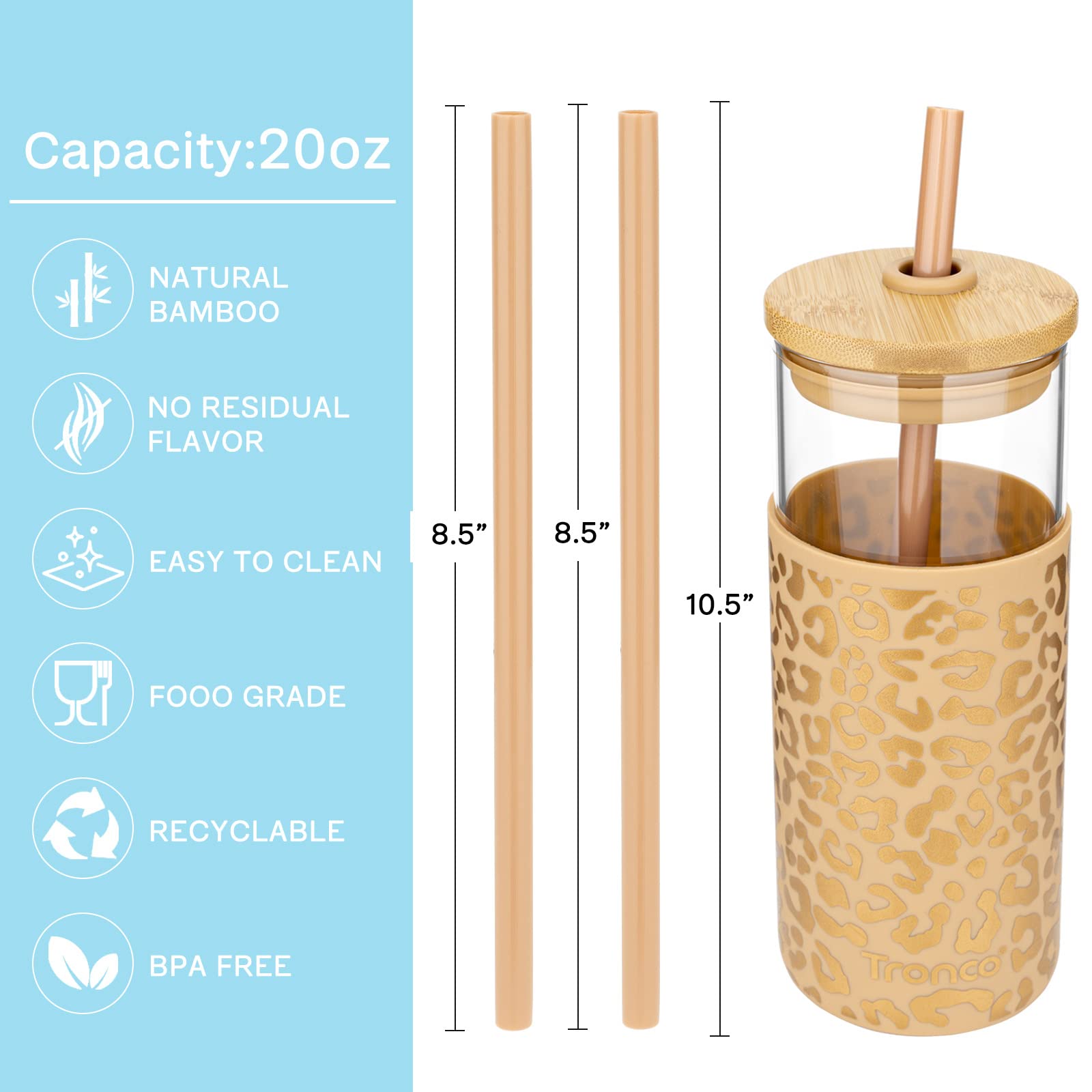 Tronco 20 oz Glass Tumbler with Lid and Straw, Iced Coffee Cup and Smoothie Cup with Bamboo Lids & Protective Silicone Sleeve, Dishwasher Safe, BPA-Free, Glass Cup 1 Pack