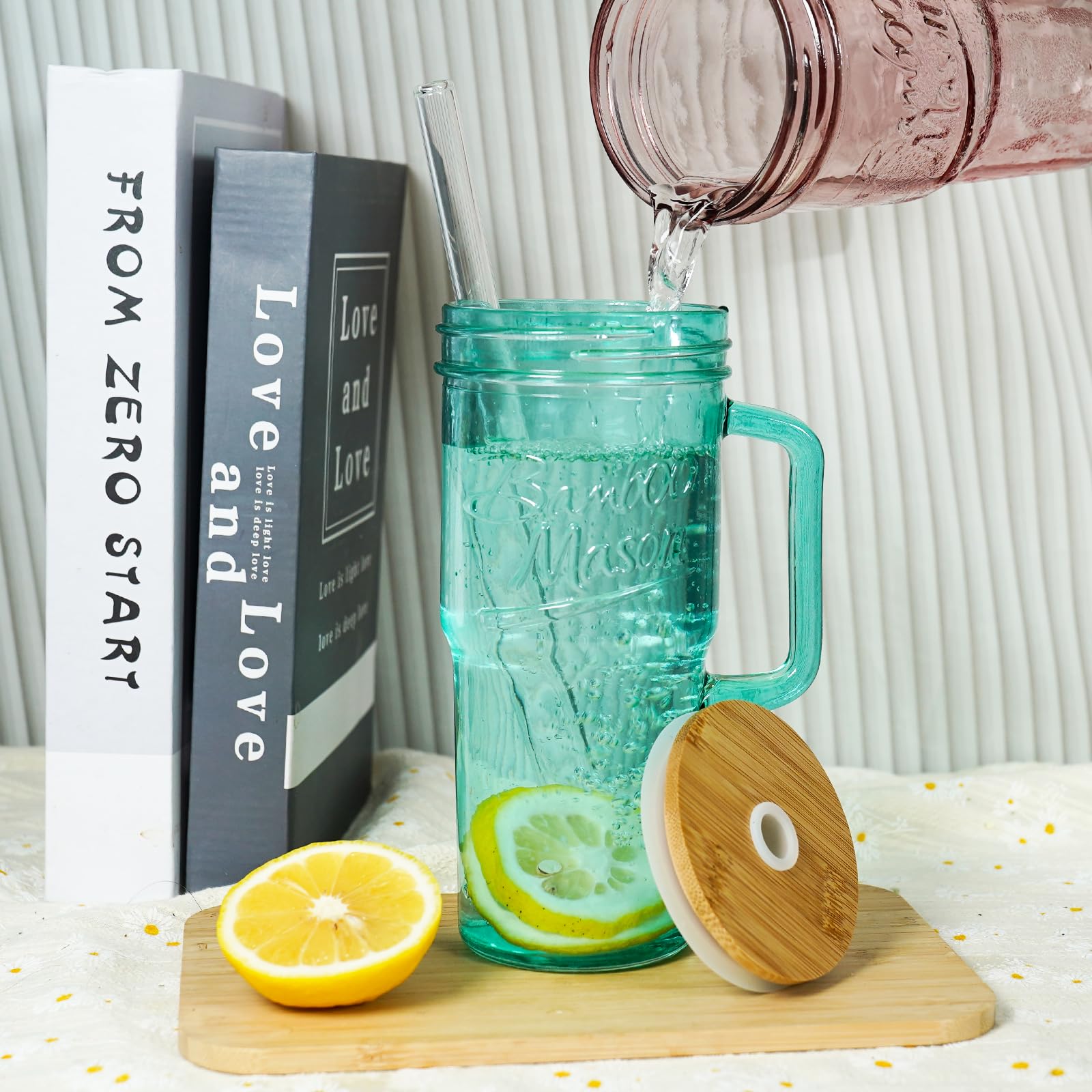 ANOTION Glass Cups with Lids and Straws - 40 Oz Tumbler with Handle and Straw Glass Water Bottles Drinking Glasses with Straws Iced Coffee Cups Travel Coffee Mug Smoothie Tumbler