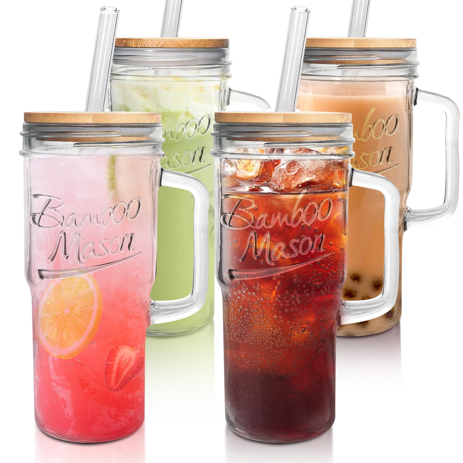 ANOTION Glass Cups with Lids and Straws - 40 Oz Tumbler with Handle and Straw Glass Water Bottles Drinking Glasses with Straws Iced Coffee Cups Travel Coffee Mug Smoothie Tumbler