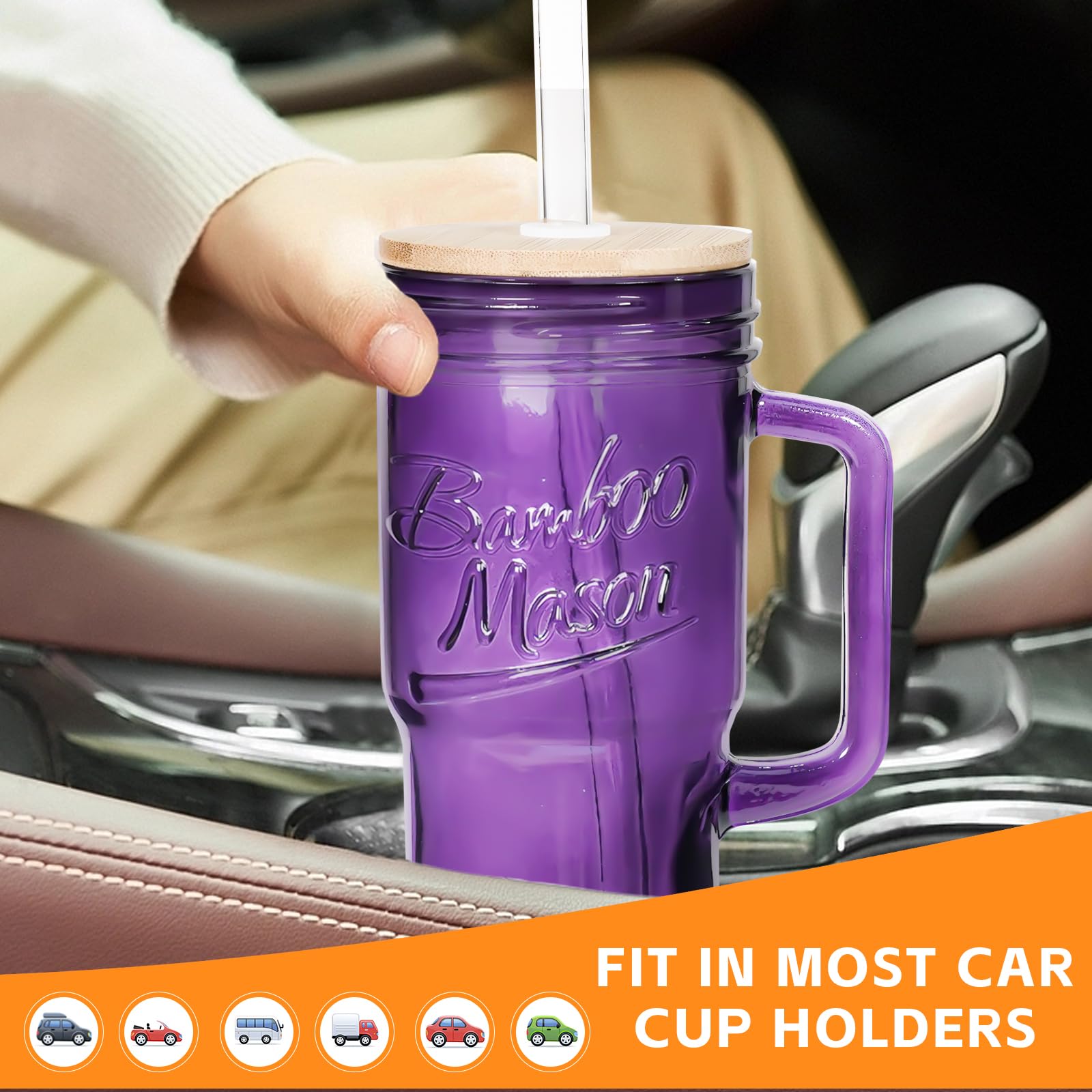 ANOTION Glass Cups with Lids and Straws - 40 Oz Tumbler with Handle and Straw Glass Water Bottles Drinking Glasses with Straws Iced Coffee Cups Travel Coffee Mug Smoothie Tumbler