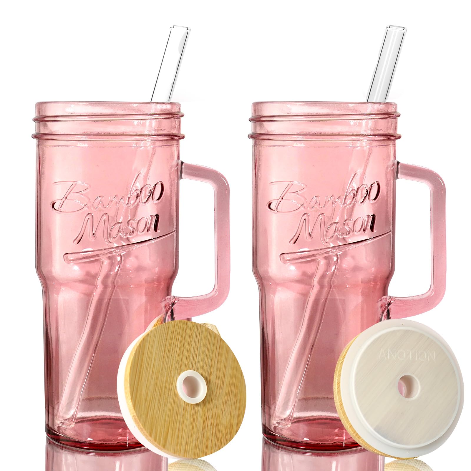 ANOTION Glass Cups with Lids and Straws - 40 Oz Tumbler with Handle and Straw Glass Water Bottles Drinking Glasses with Straws Iced Coffee Cups Travel Coffee Mug Smoothie Tumbler