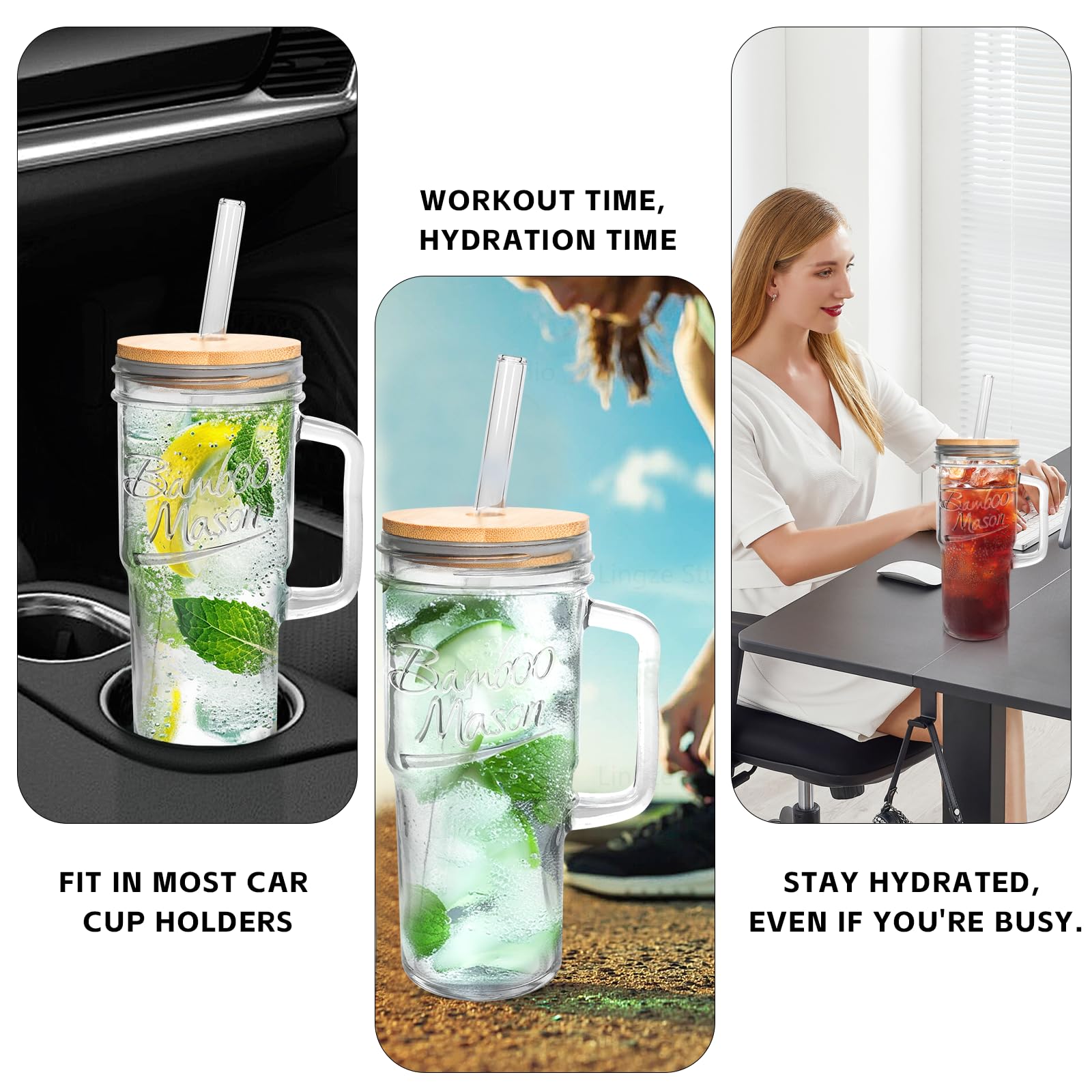 ANOTION Glass Cups with Lids and Straws - 40 Oz Tumbler with Handle and Straw Glass Water Bottles Drinking Glasses with Straws Iced Coffee Cups Travel Coffee Mug Smoothie Tumbler