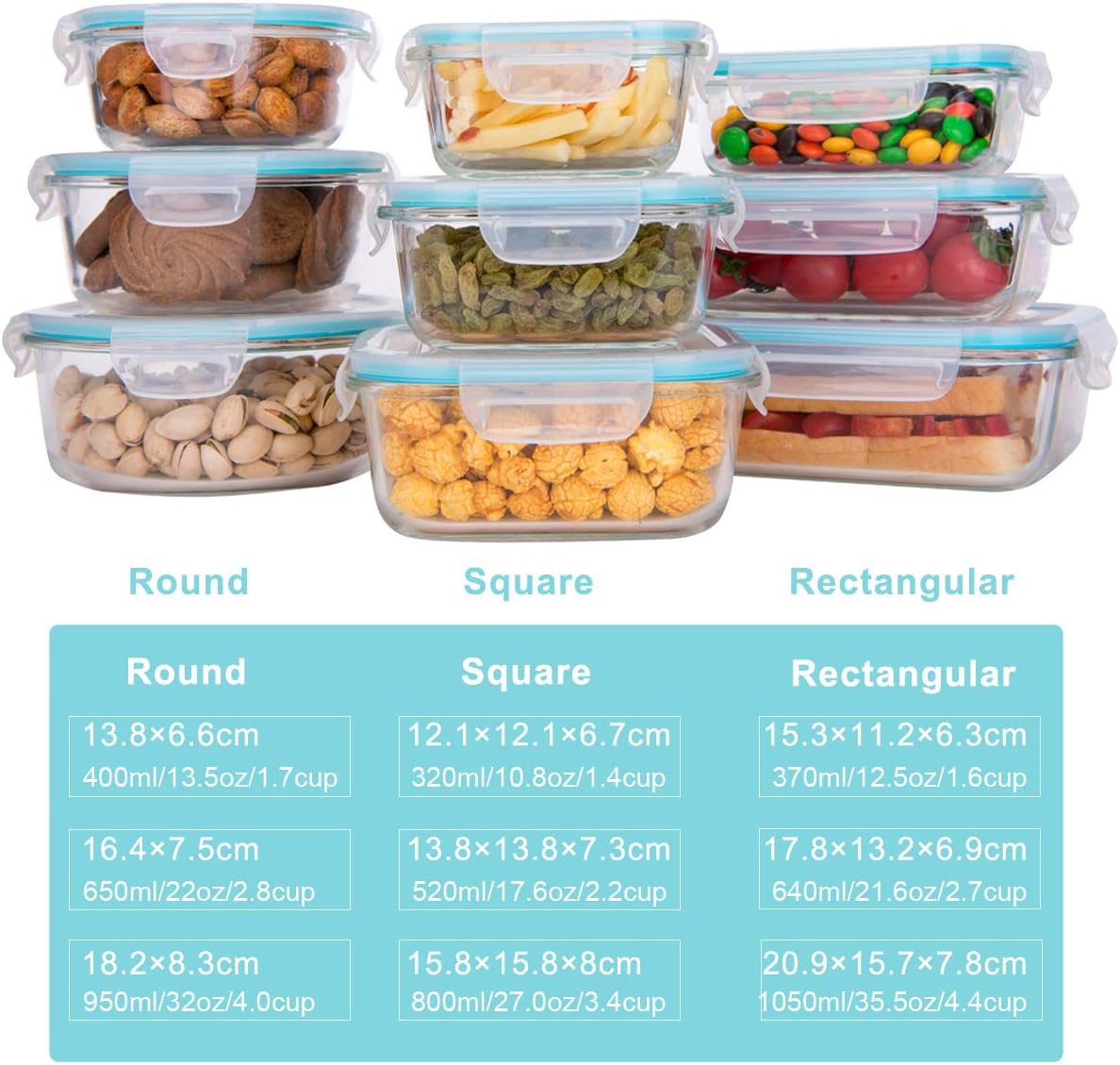 Glass Food Storage Containers with Lids, [18 Piece] Glass Meal Prep Containers, Containers for Food Storage with Lids, BPA Free & Leak Proof (9 Lid & 9 Container)