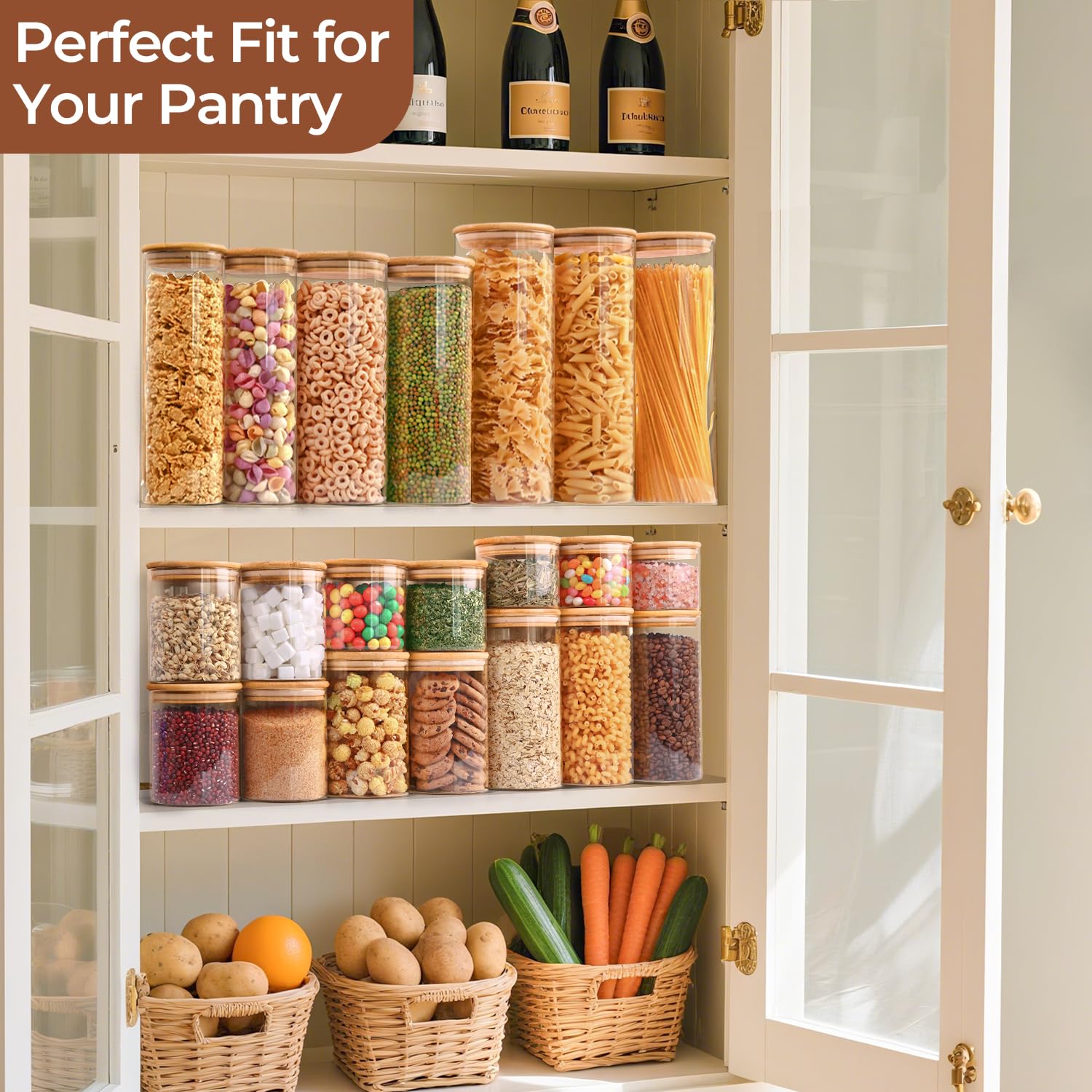 ComSaf 1 Qt Glass Storage Containers with Lids, Glass Jars with Lids, Clear Food Storage Jar, Round Canister Set of 6, Pantry Organizers for Cookie Pasta Flour Rice Tea Coffee Bean