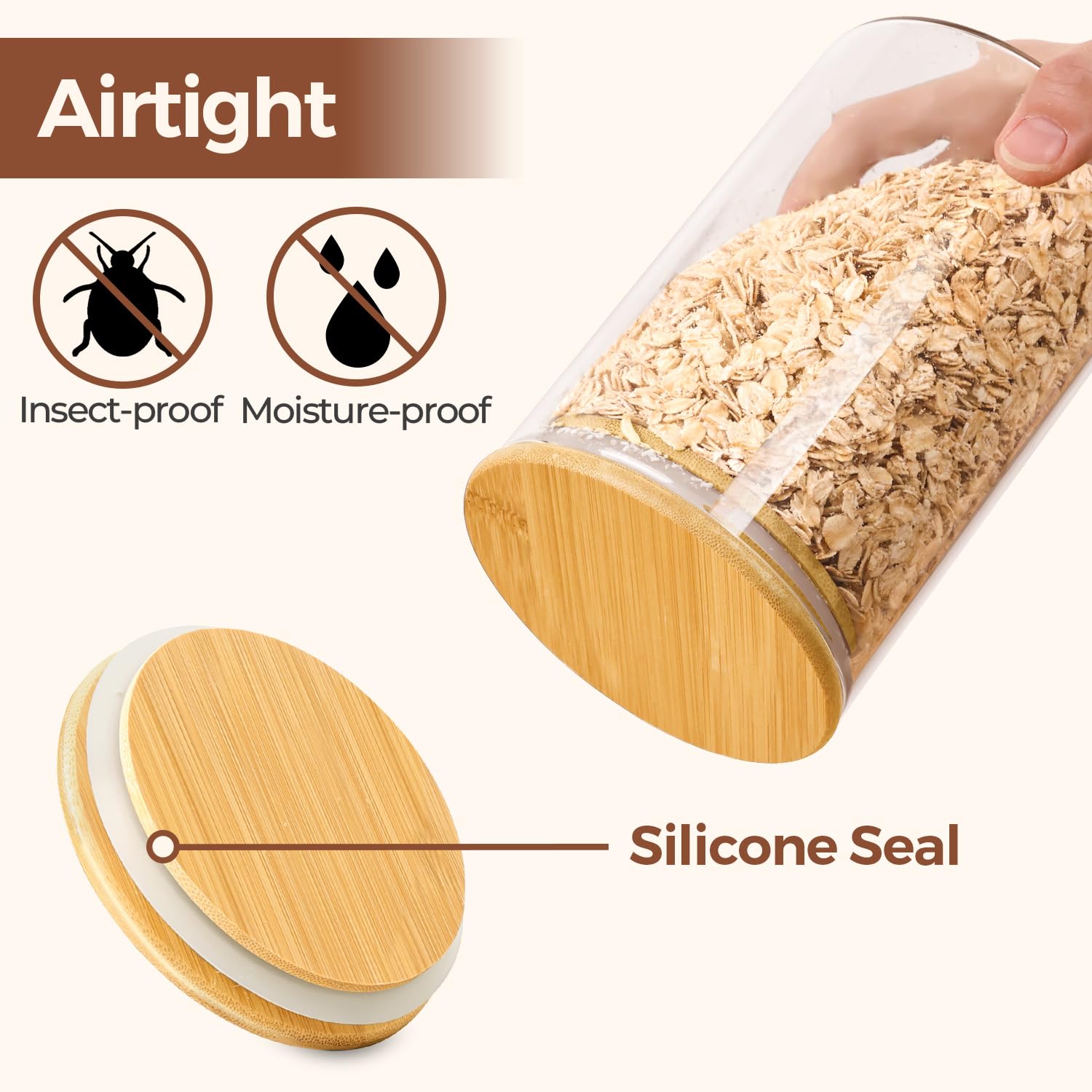 ComSaf 1 Qt Glass Storage Containers with Lids, Glass Jars with Lids, Clear Food Storage Jar, Round Canister Set of 6, Pantry Organizers for Cookie Pasta Flour Rice Tea Coffee Bean