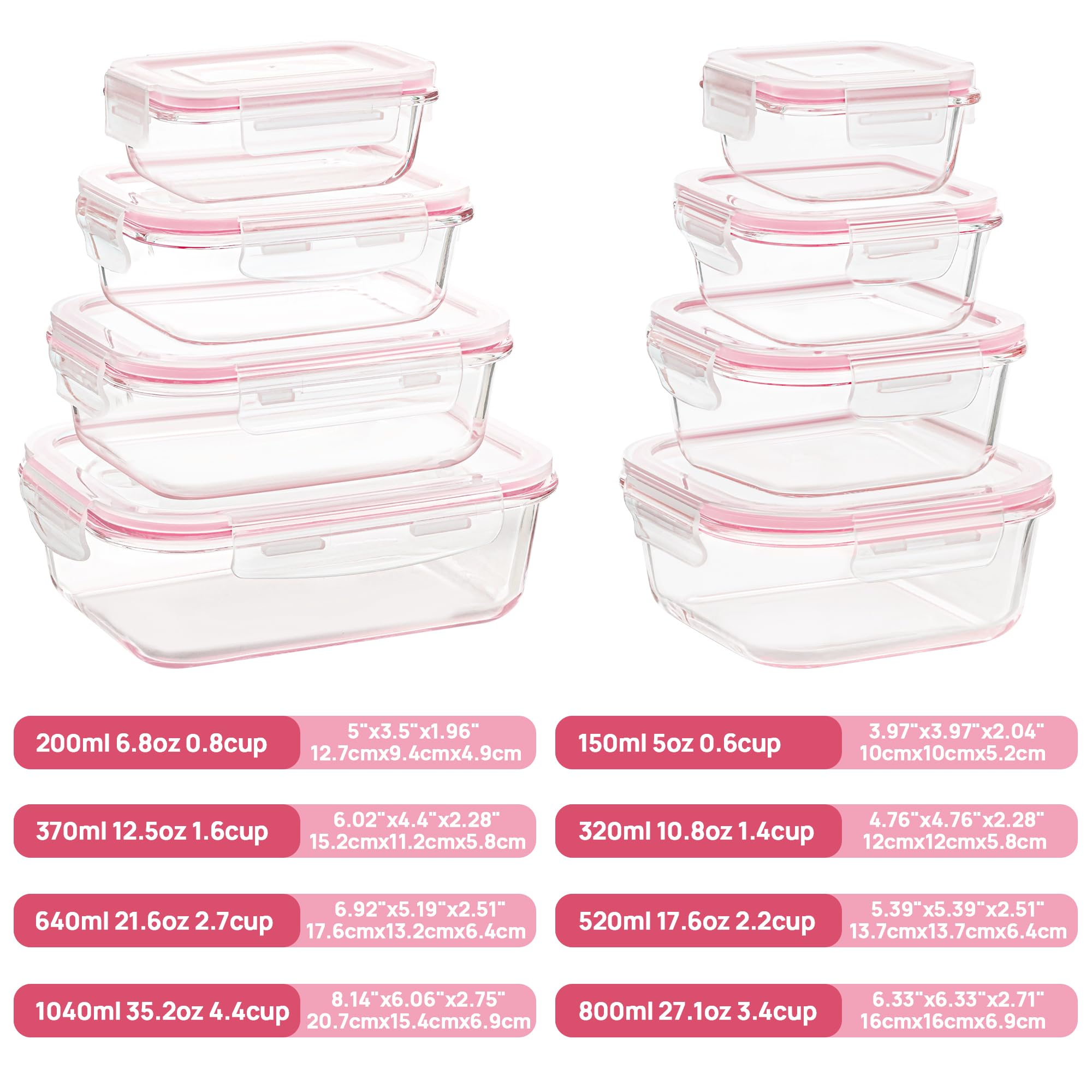 Vtopmart 8 Pack Glass Food Storage Containers with Airtight Lids, Glass Meal Prep Containers, Lunch Office Meal for Microwave, Oven, Freezer and Dishwasher, BPA Free