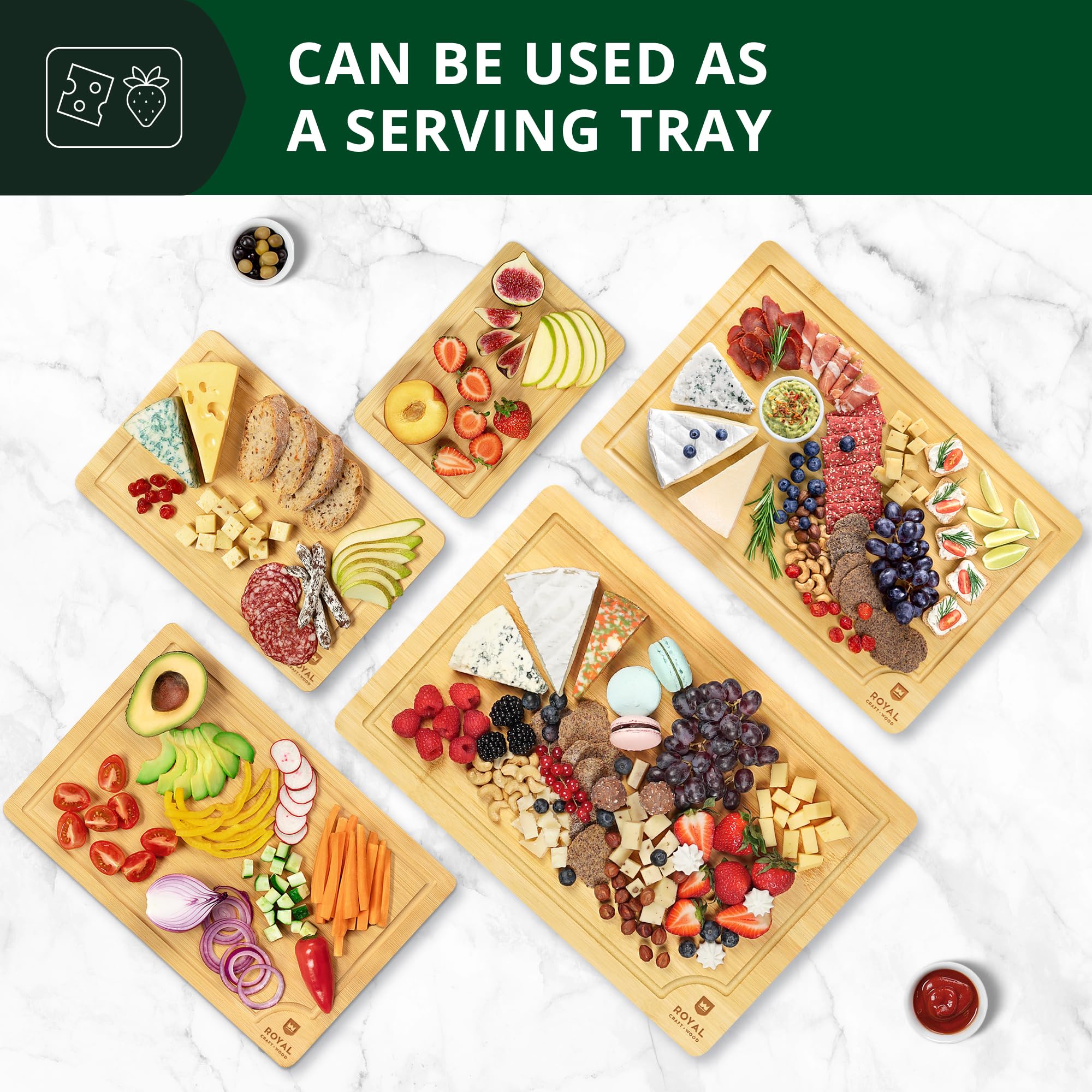 ROYAL CRAFT WOOD Wooden Cutting Boards for Kitchen Meal Prep & Serving - Bamboo Wood Serving Board Set - Charcuterie & Chopping Butcher Block for Meat
