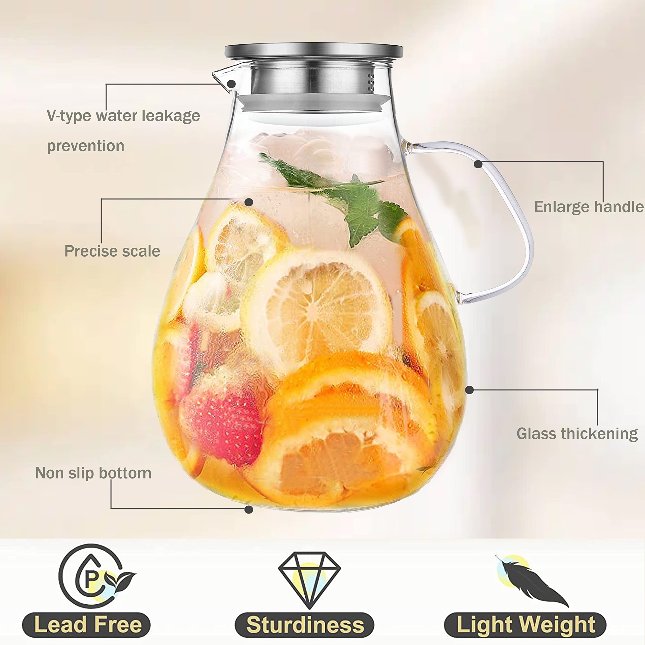 Set of 2 Glass Pitcher with Lid,2 Quart (64 oz / 1.9 Liter) Leak Proof,Glass Water Jugs, BPA-Free,Microwave & Dishwasher Safe Pitcher,Sun & Iced Tea, Sangria,Cold Brew Coffee & More