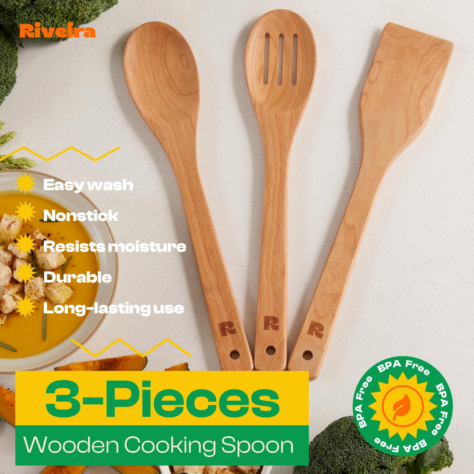 Riveira Premium Brown Bamboo Wooden Spoons for Cooking Set of 9 – Premium Brown Bamboo Wooden Cooking Utensils, Wooden Spatula, Wooden Spoon - Premium Quality Wooden Utensil Set for Non-Toxic Cooking