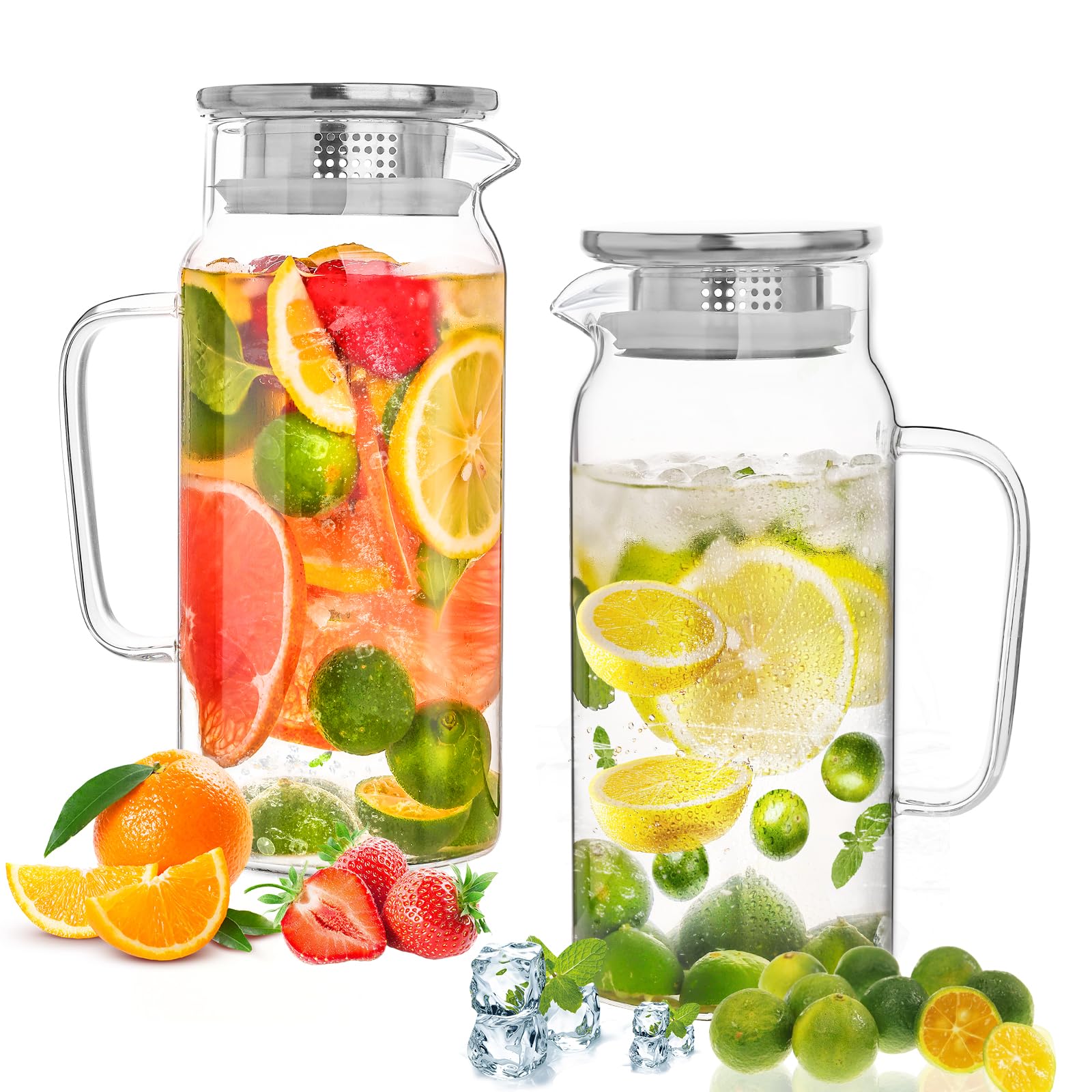 Set of 2 Glass Pitcher with Lid,2 Quart (64 oz / 1.9 Liter) Leak Proof,Glass Water Jugs, BPA-Free,Microwave & Dishwasher Safe Pitcher,Sun & Iced Tea, Sangria,Cold Brew Coffee & More