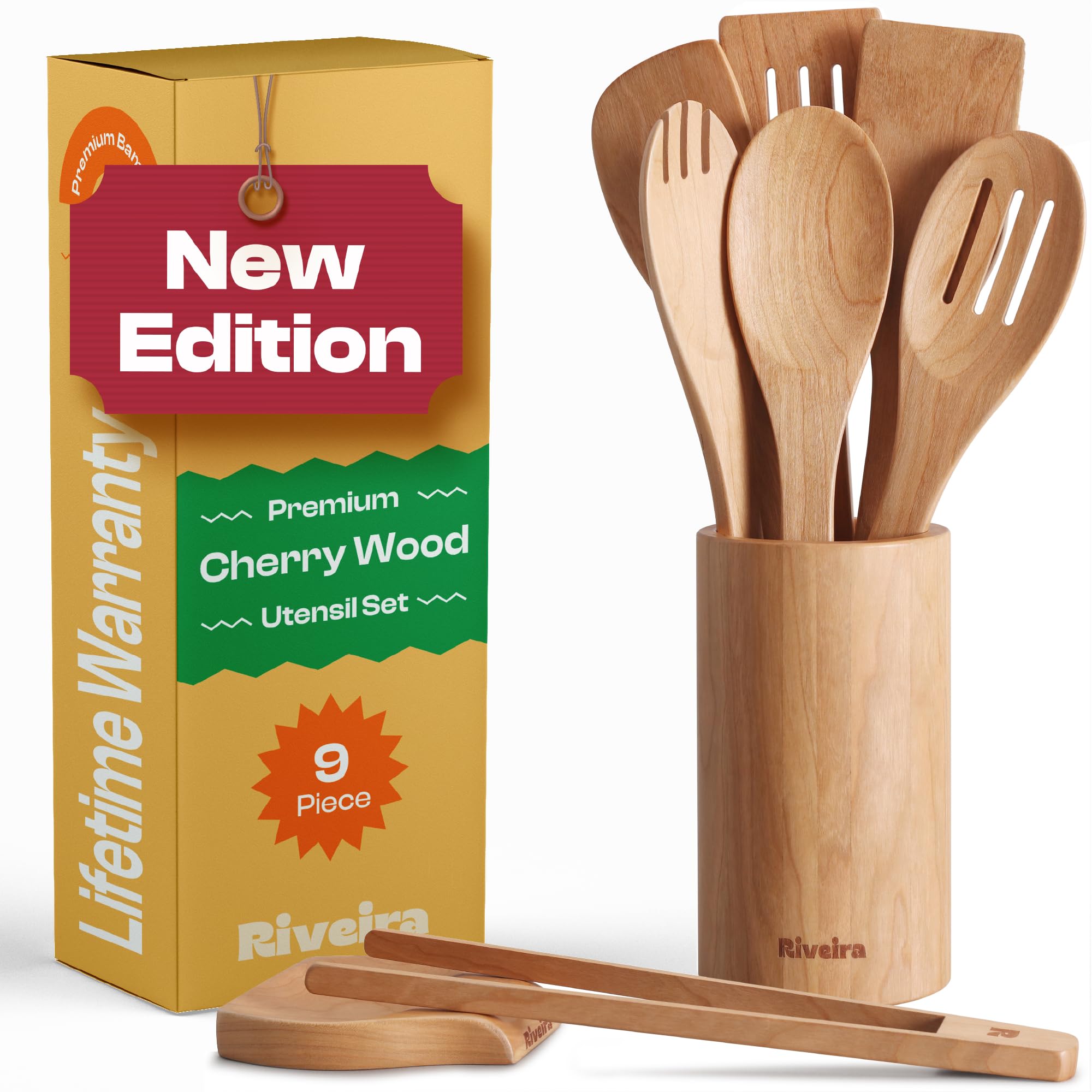 Riveira Premium Brown Bamboo Wooden Spoons for Cooking Set of 9 – Premium Brown Bamboo Wooden Cooking Utensils, Wooden Spatula, Wooden Spoon - Premium Quality Wooden Utensil Set for Non-Toxic Cooking