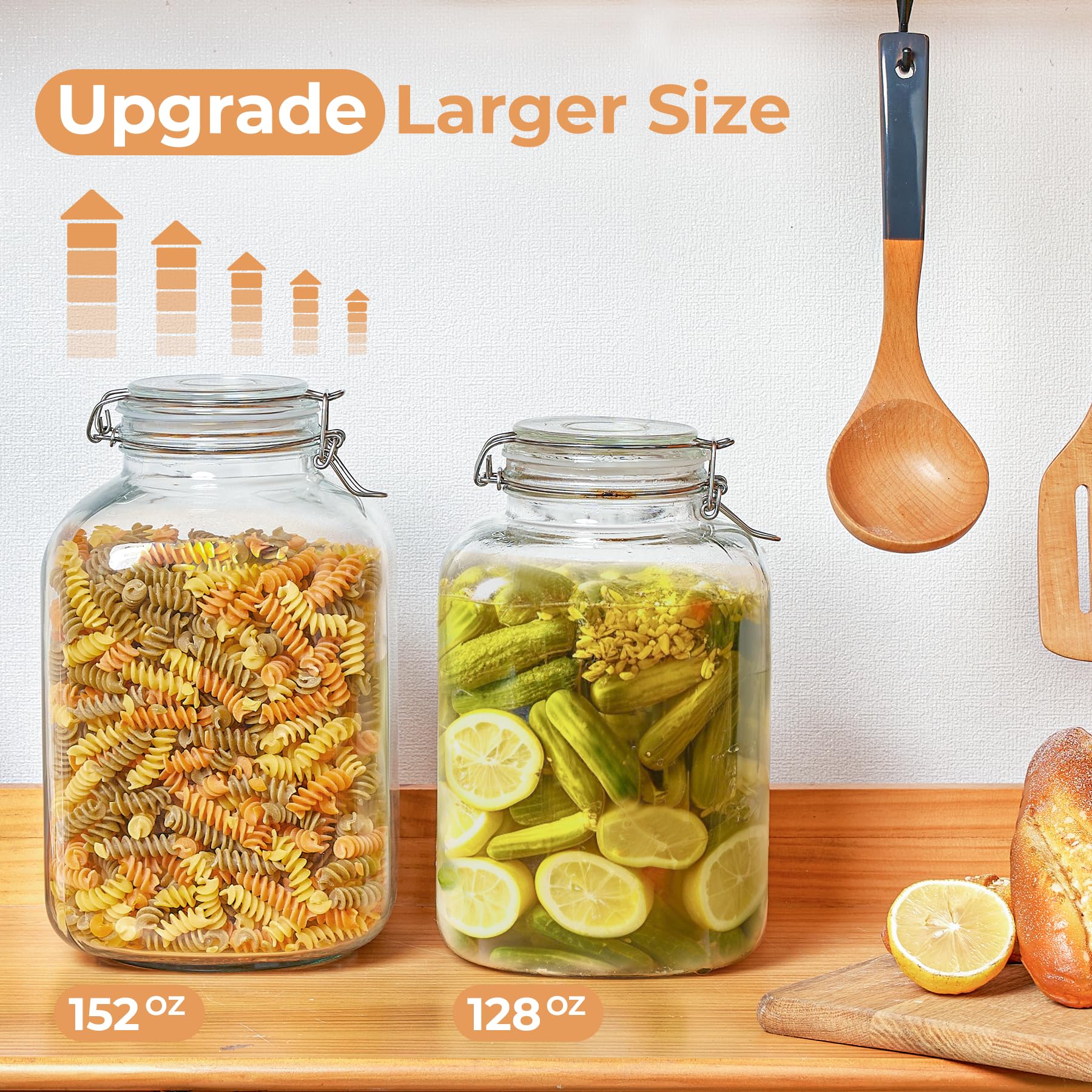 ComSaf Large Glass Jars with Lid 64 oz, Large Mason Jars Set of 3, Glass Canisters with Airtight Lids, Half Gallon Canning Jar with Seal Wire Clip Fastening for Kitchen, Pickle, Flour, Sugar, Cereal