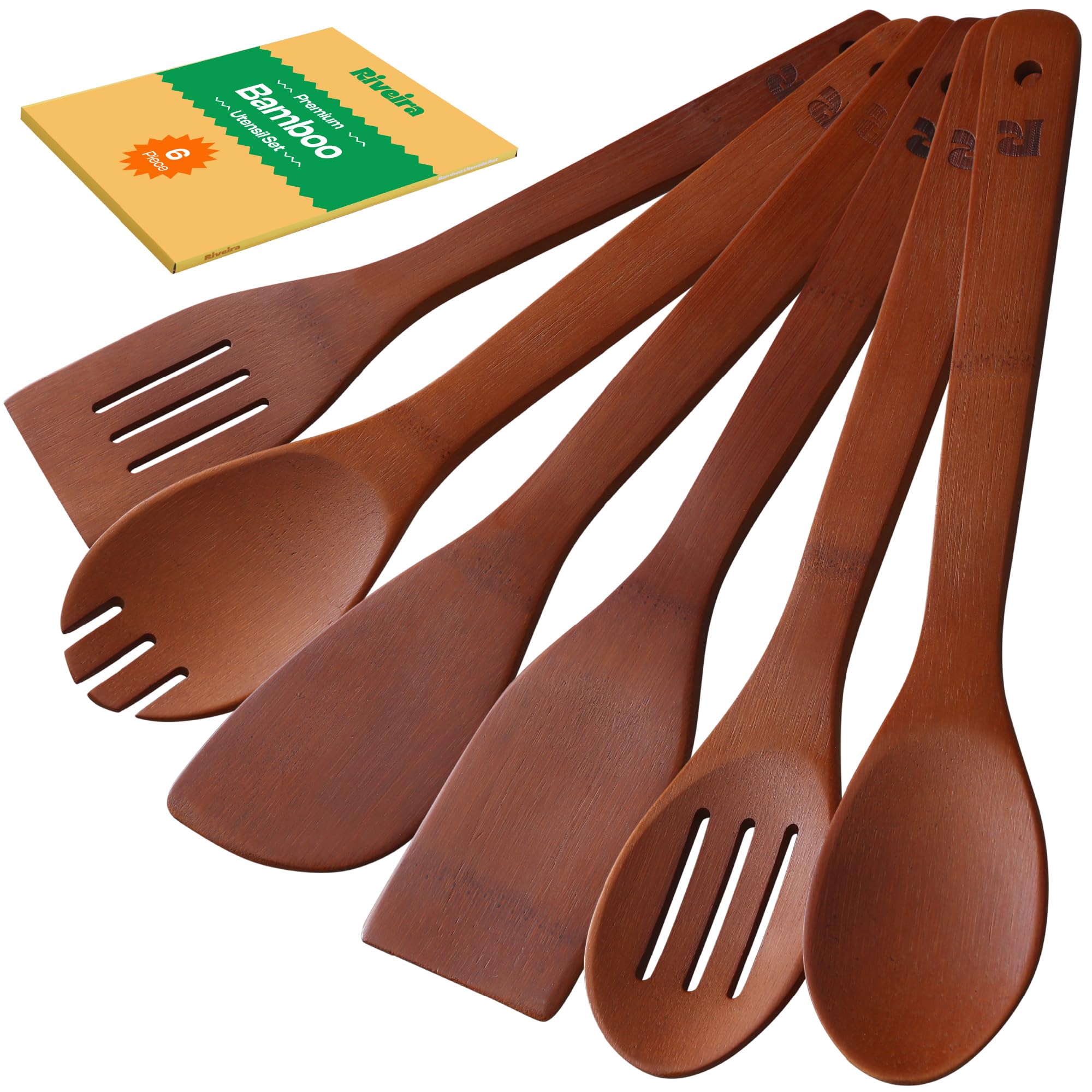 Riveira Premium Brown Bamboo Wooden Spoons for Cooking Set of 9 – Premium Brown Bamboo Wooden Cooking Utensils, Wooden Spatula, Wooden Spoon - Premium Quality Wooden Utensil Set for Non-Toxic Cooking