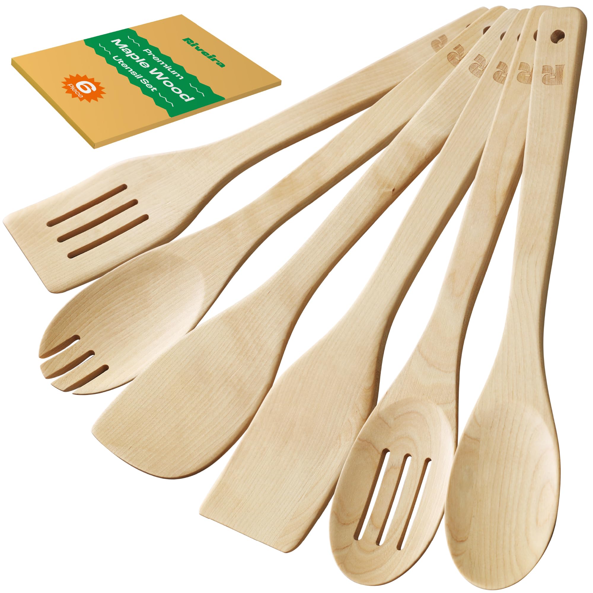 Riveira Premium Brown Bamboo Wooden Spoons for Cooking Set of 9 – Premium Brown Bamboo Wooden Cooking Utensils, Wooden Spatula, Wooden Spoon - Premium Quality Wooden Utensil Set for Non-Toxic Cooking