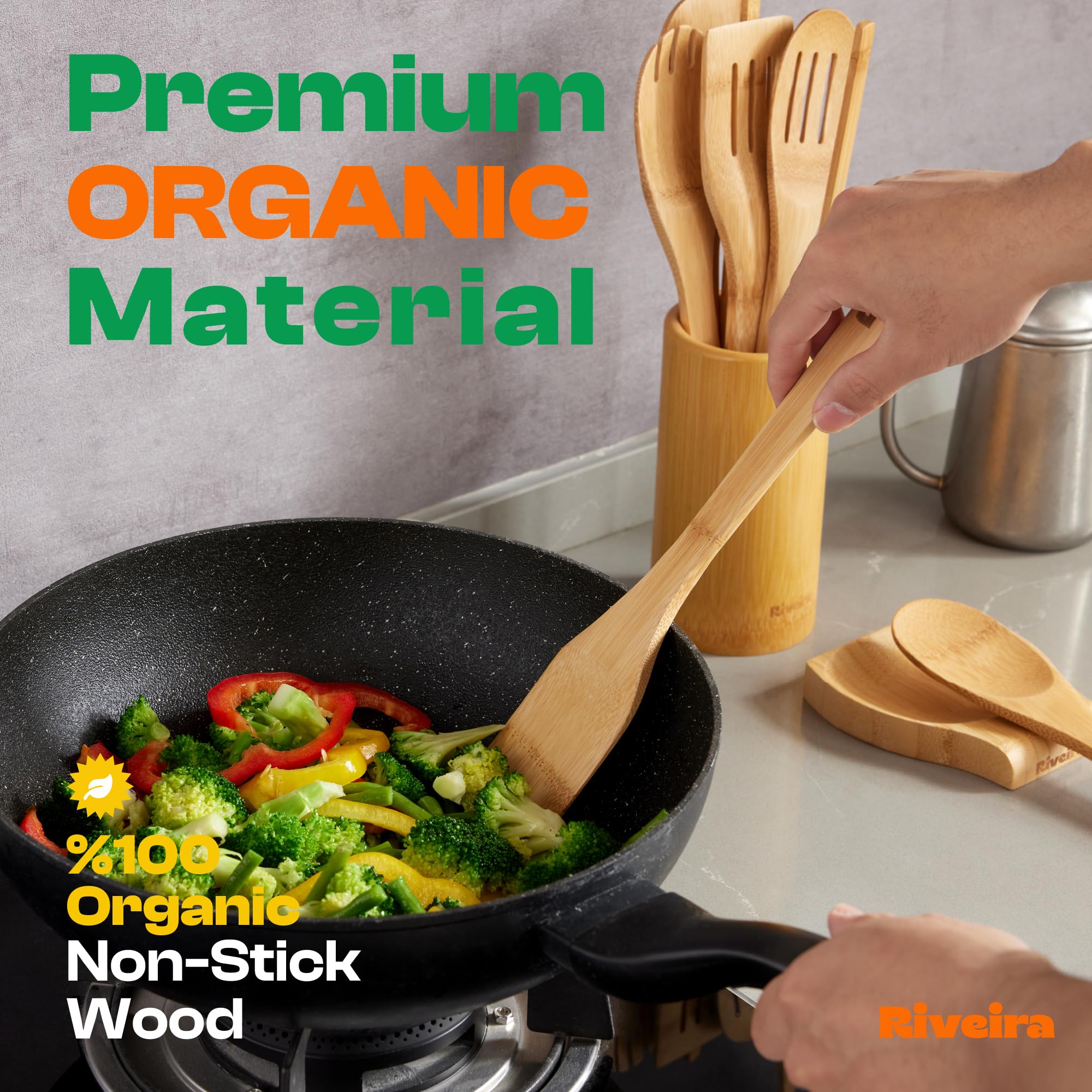 Riveira Premium Brown Bamboo Wooden Spoons for Cooking Set of 9 – Premium Brown Bamboo Wooden Cooking Utensils, Wooden Spatula, Wooden Spoon - Premium Quality Wooden Utensil Set for Non-Toxic Cooking