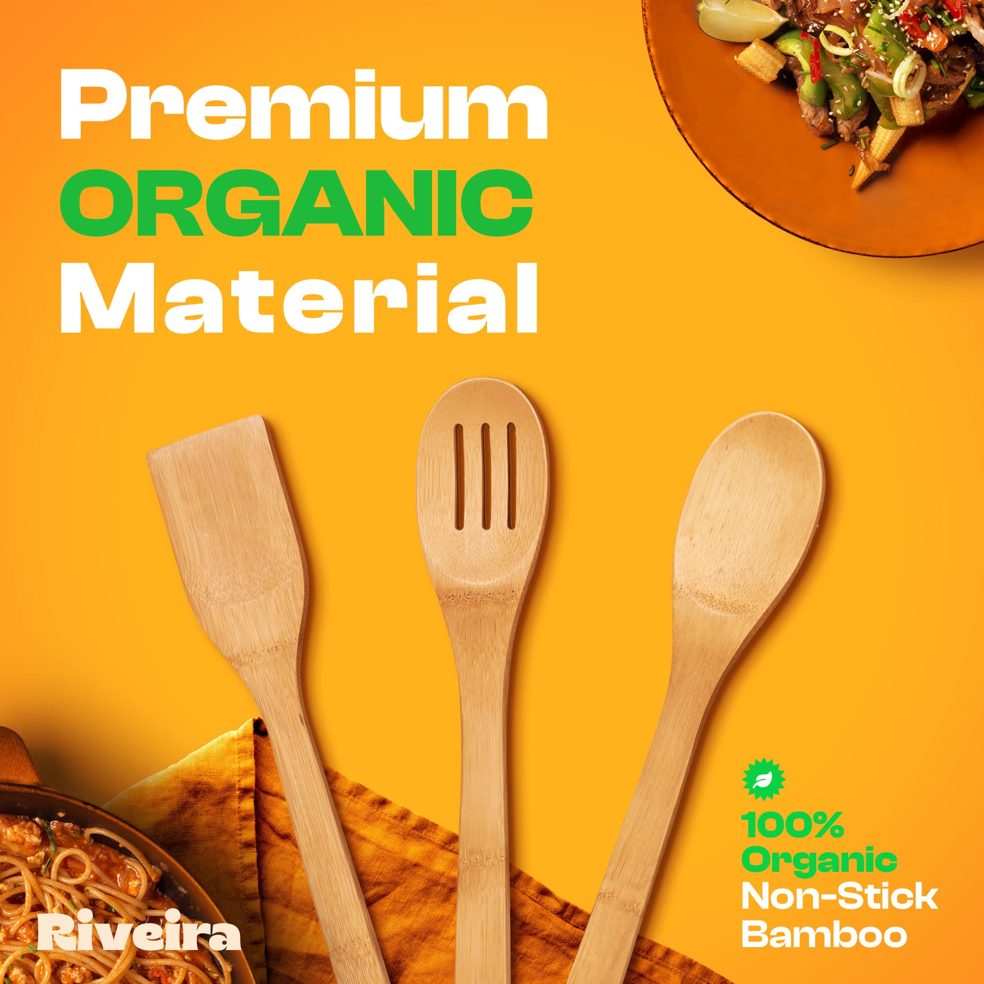 Riveira Premium Brown Bamboo Wooden Spoons for Cooking Set of 9 – Premium Brown Bamboo Wooden Cooking Utensils, Wooden Spatula, Wooden Spoon - Premium Quality Wooden Utensil Set for Non-Toxic Cooking