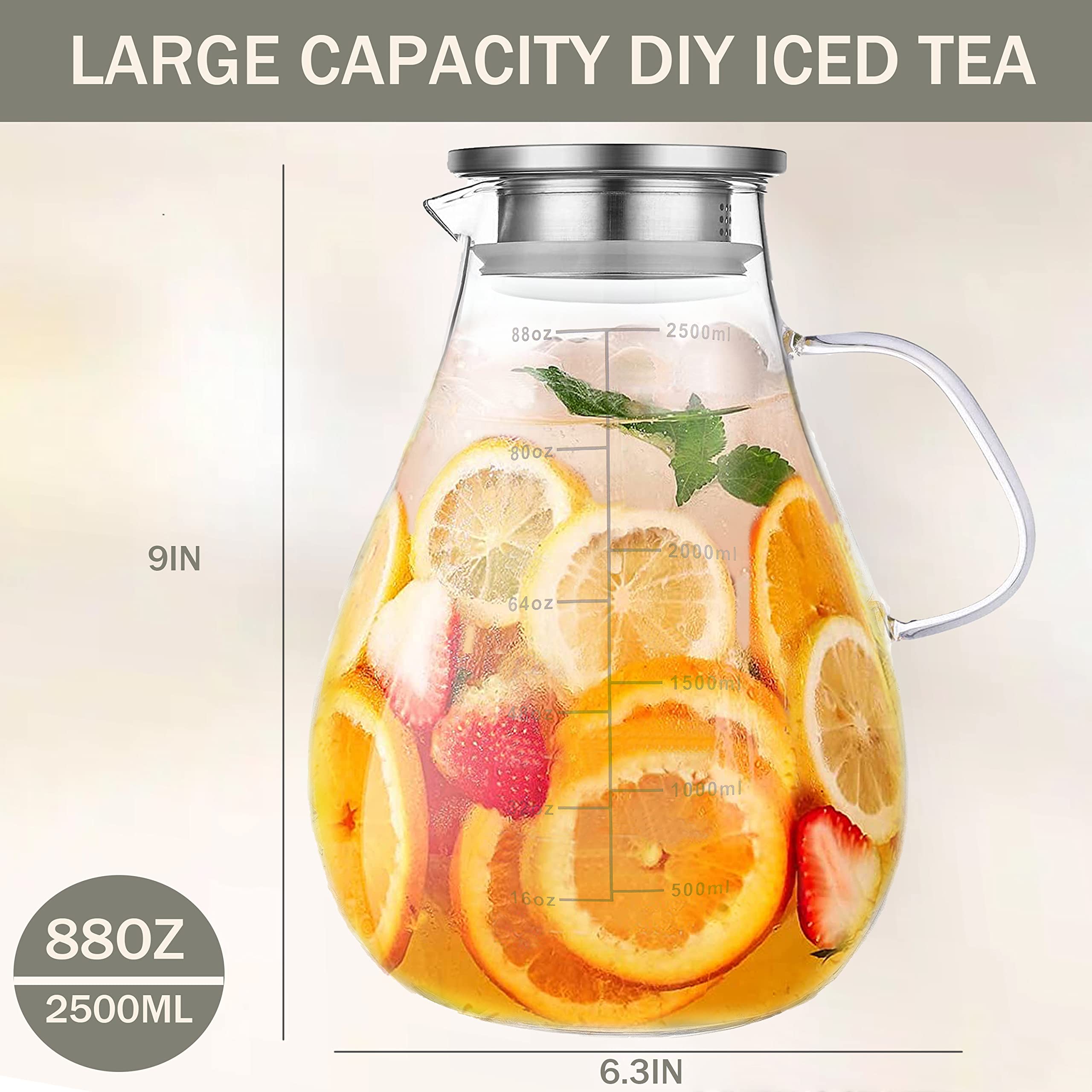 Set of 2 Glass Pitcher with Lid,2 Quart (64 oz / 1.9 Liter) Leak Proof,Glass Water Jugs, BPA-Free,Microwave & Dishwasher Safe Pitcher,Sun & Iced Tea, Sangria,Cold Brew Coffee & More