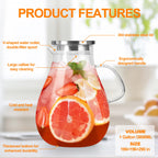 Set of 2 Glass Pitcher with Lid,2 Quart (64 oz / 1.9 Liter) Leak Proof,Glass Water Jugs, BPA-Free,Microwave & Dishwasher Safe Pitcher,Sun & Iced Tea, Sangria,Cold Brew Coffee & More