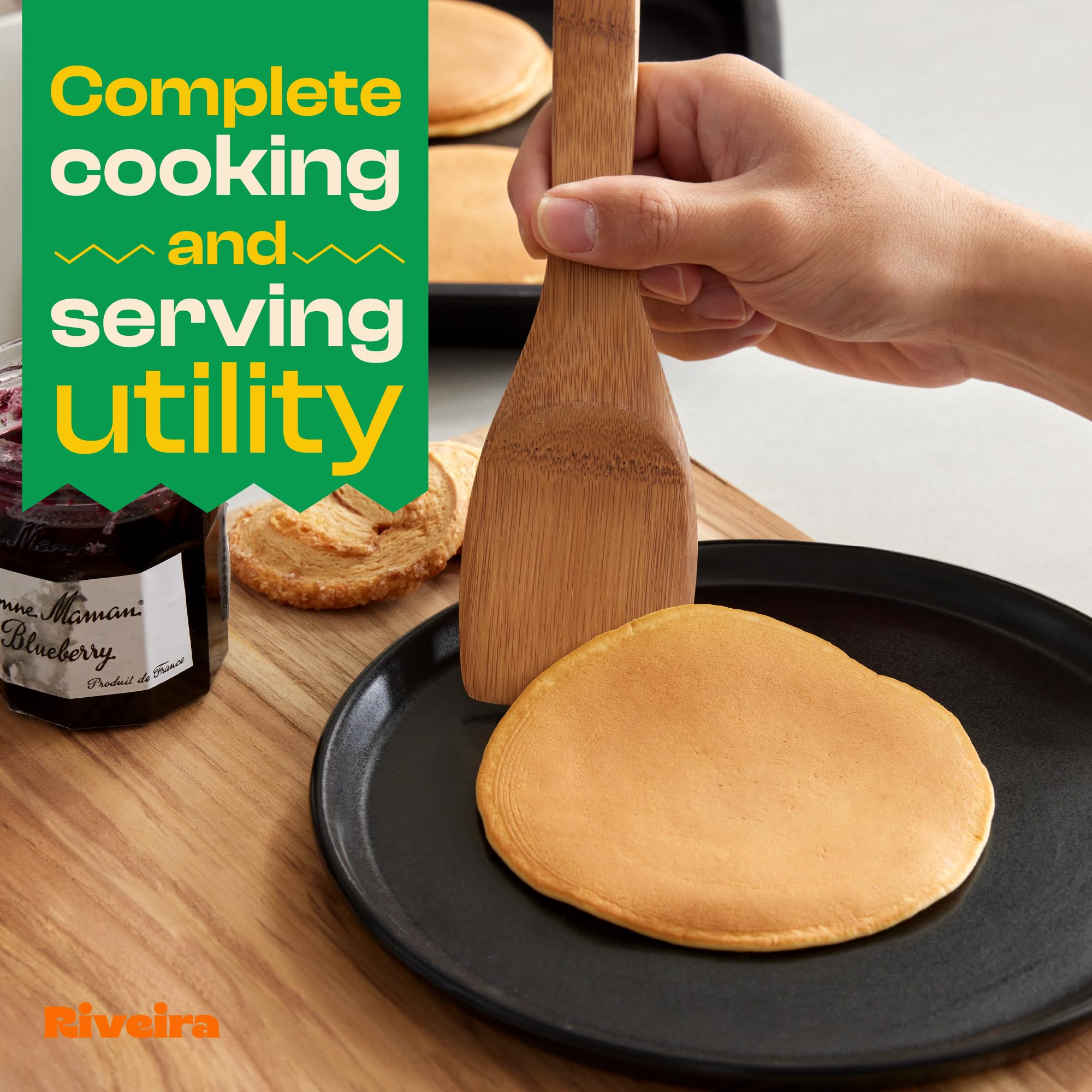 Riveira Premium Brown Bamboo Wooden Spoons for Cooking Set of 9 – Premium Brown Bamboo Wooden Cooking Utensils, Wooden Spatula, Wooden Spoon - Premium Quality Wooden Utensil Set for Non-Toxic Cooking