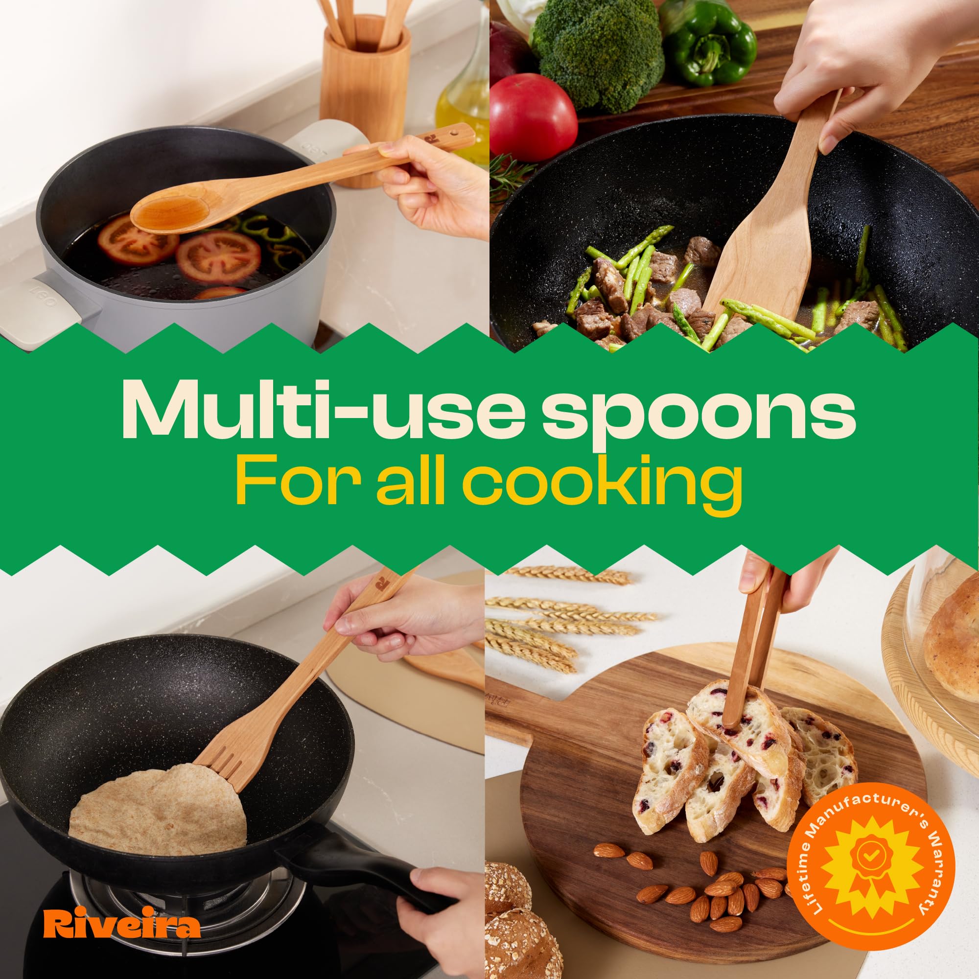 Riveira Premium Brown Bamboo Wooden Spoons for Cooking Set of 9 – Premium Brown Bamboo Wooden Cooking Utensils, Wooden Spatula, Wooden Spoon - Premium Quality Wooden Utensil Set for Non-Toxic Cooking