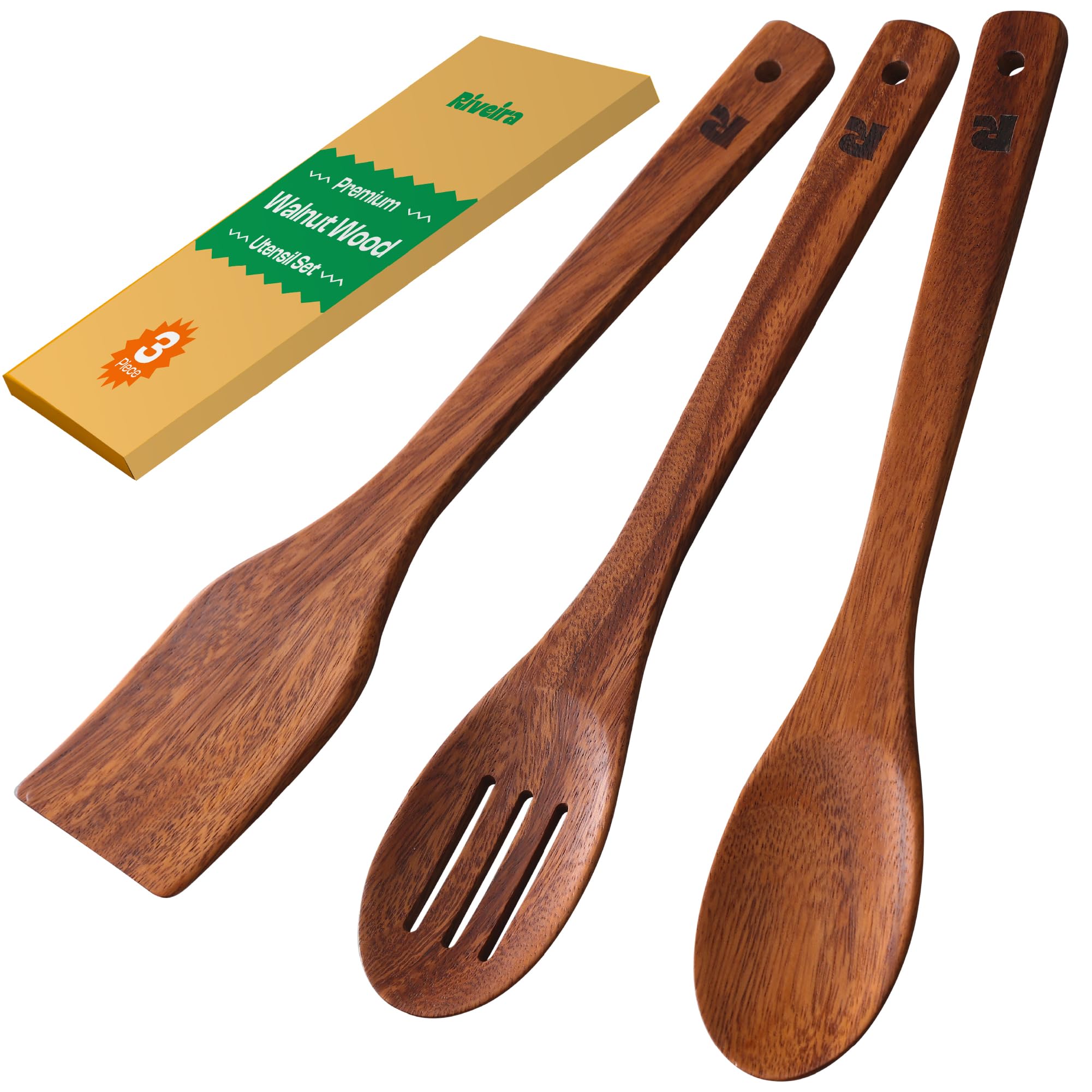 Riveira Premium Brown Bamboo Wooden Spoons for Cooking Set of 9 – Premium Brown Bamboo Wooden Cooking Utensils, Wooden Spatula, Wooden Spoon - Premium Quality Wooden Utensil Set for Non-Toxic Cooking