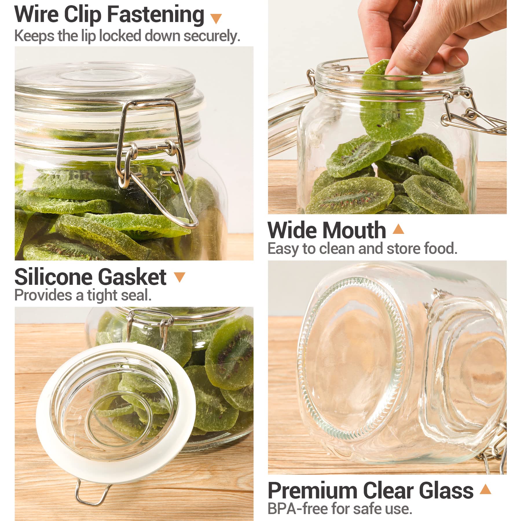 ComSaf Large Glass Jars with Lid 64 oz, Large Mason Jars Set of 3, Glass Canisters with Airtight Lids, Half Gallon Canning Jar with Seal Wire Clip Fastening for Kitchen, Pickle, Flour, Sugar, Cereal
