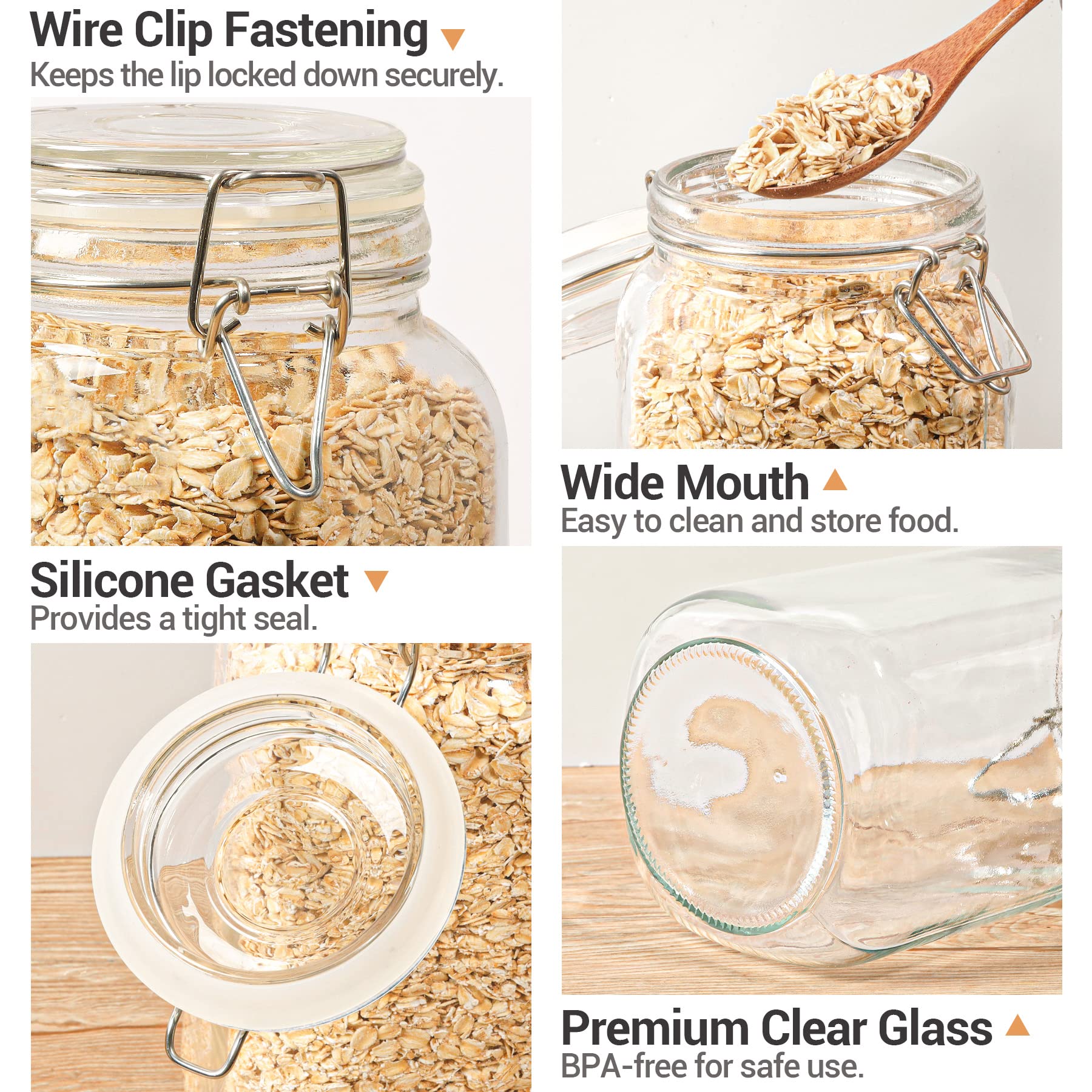 ComSaf Large Glass Jars with Lid 64 oz, Large Mason Jars Set of 3, Glass Canisters with Airtight Lids, Half Gallon Canning Jar with Seal Wire Clip Fastening for Kitchen, Pickle, Flour, Sugar, Cereal