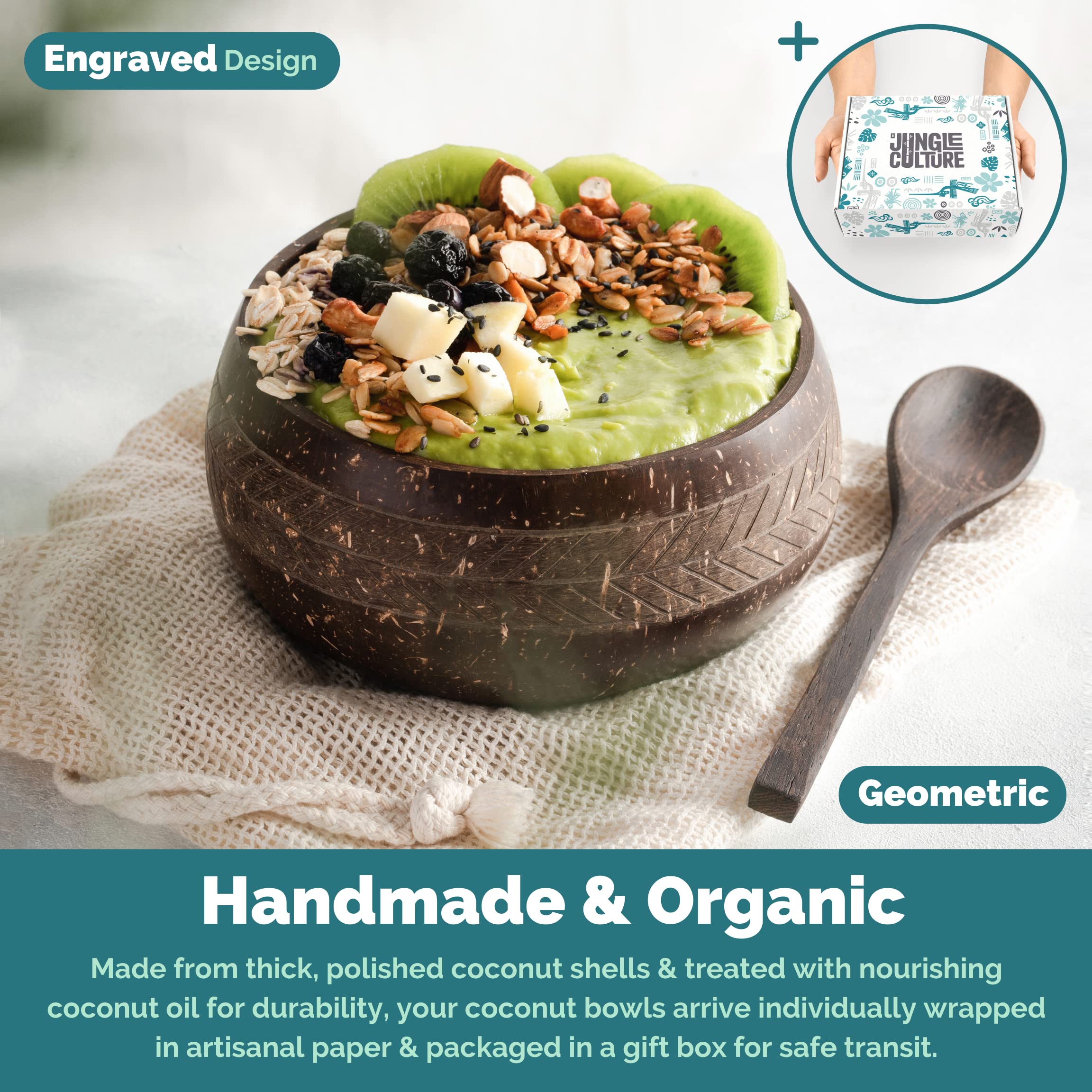 Jungle Culture 2 Polished Coconut Bowl and Wooden Spoons Set with Bamboo Straws • Natural Coconut Smoothie Bowls • Healthy Choice Coco Shell Acai & Buddha Bowls • Eco Friendly Vegan Gifts