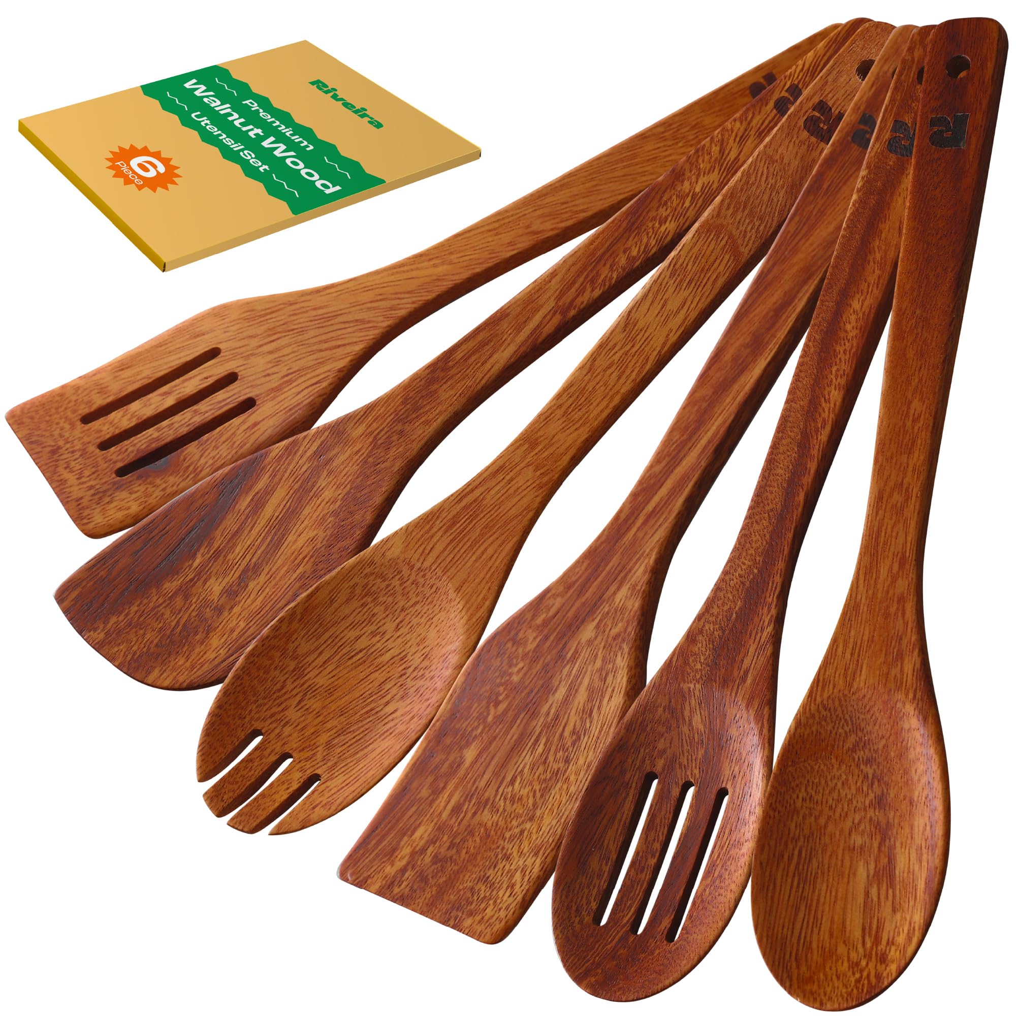 Riveira Premium Brown Bamboo Wooden Spoons for Cooking Set of 9 – Premium Brown Bamboo Wooden Cooking Utensils, Wooden Spatula, Wooden Spoon - Premium Quality Wooden Utensil Set for Non-Toxic Cooking