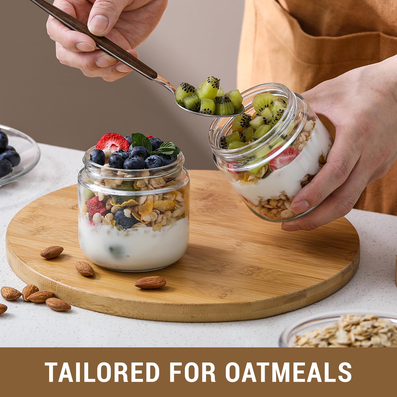 NETANY 4-pack 16oz Glass jars with Airtight Lids, Overnight Oats Containers with Bamboo Lids, Wide mouth Mason Salad jars, Glass Food Storage Containers for Snacks Yogurt Spice Sugar