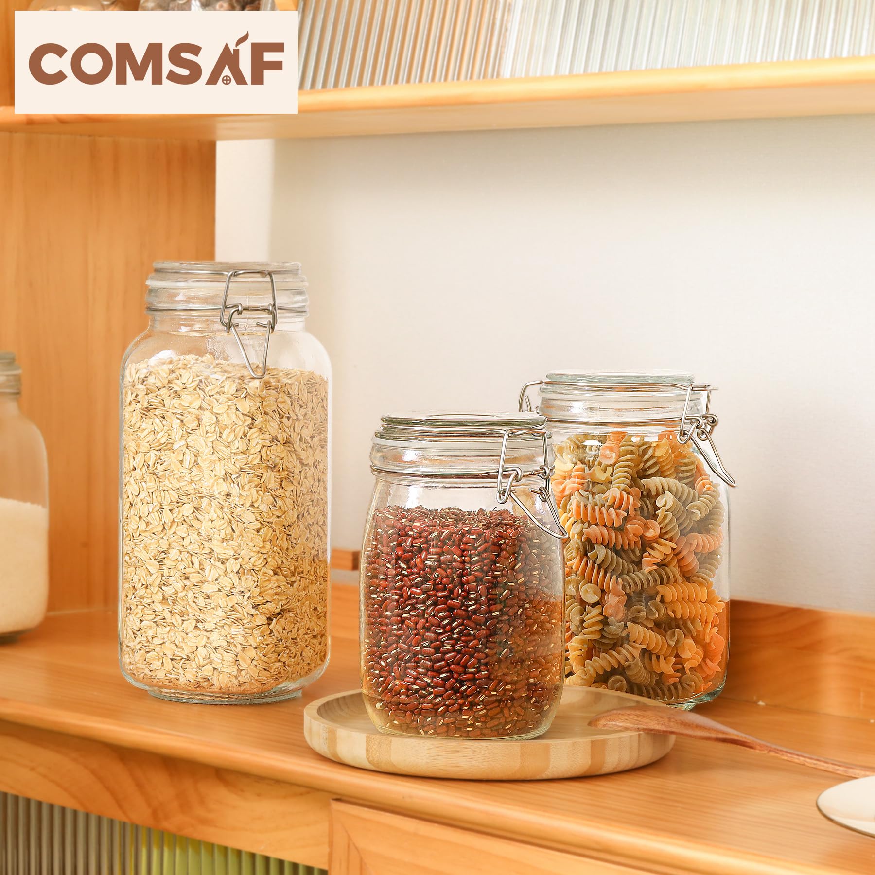 ComSaf Large Glass Jars with Lid 64 oz, Large Mason Jars Set of 3, Glass Canisters with Airtight Lids, Half Gallon Canning Jar with Seal Wire Clip Fastening for Kitchen, Pickle, Flour, Sugar, Cereal