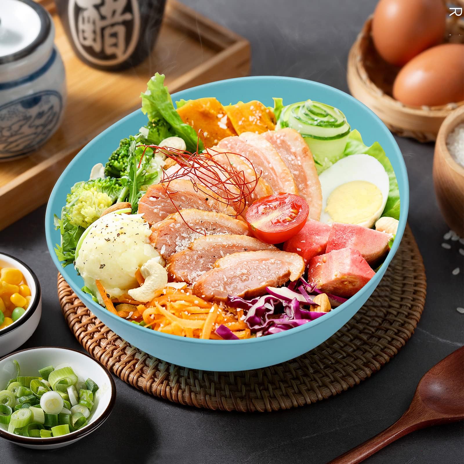 9.6'' Serving Bowls, 84oz Bamboo Fiber Salad Bowl Set of 4, Deep Serving Bowls Set, Large Oval Individual Bowls for Eating Salad/Pasta/Cereal/Pho, Ideal for Home & Restaurant (Matte White)