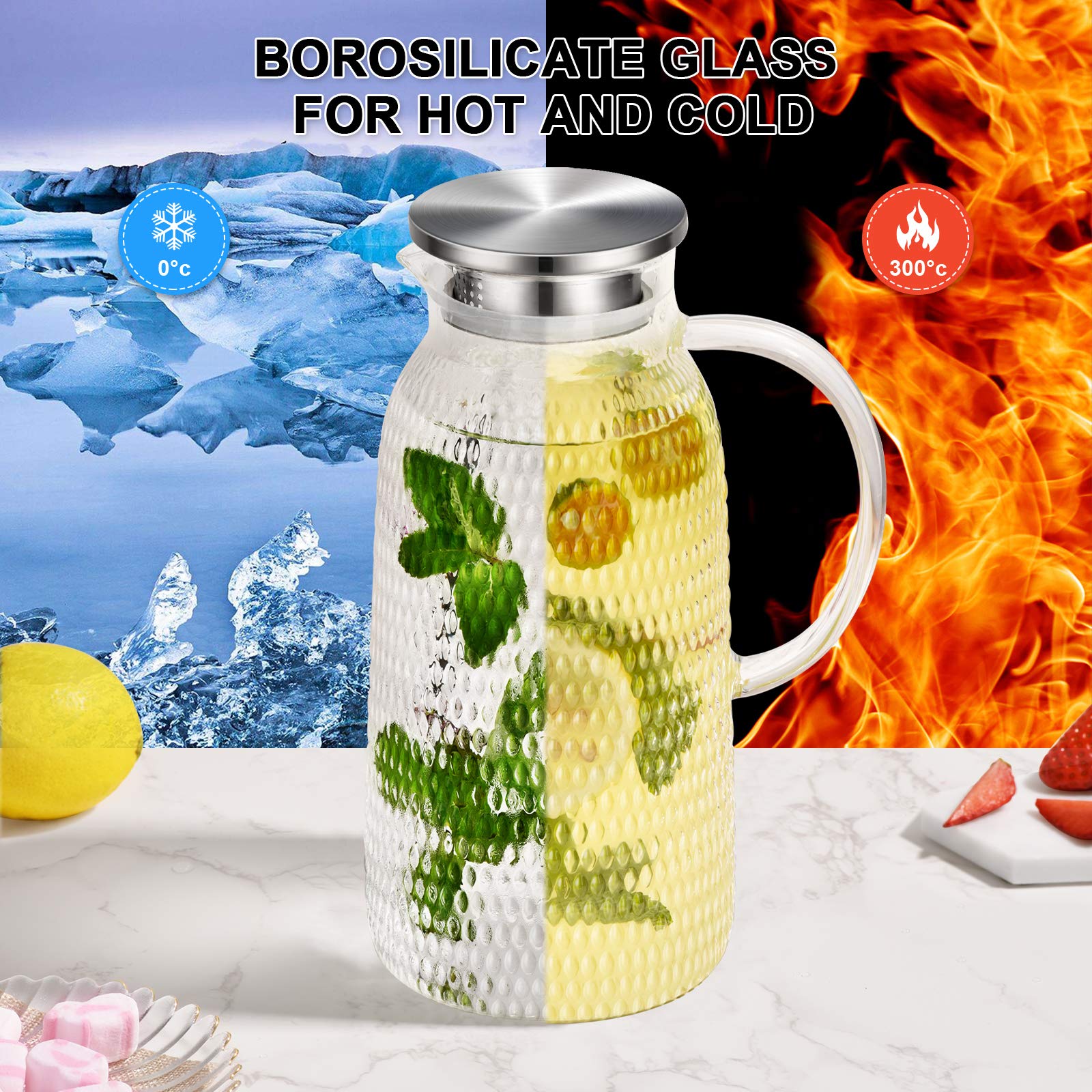 1 Gallon 128oz Glass Pitcher, Water Pitcher with Lid and Spout, Glass Carafe for Hot/Cold Drink, Water Jug for Iced Tea, Coffee, Juice, Milk, Beverage (Extra-Wide Mouth)