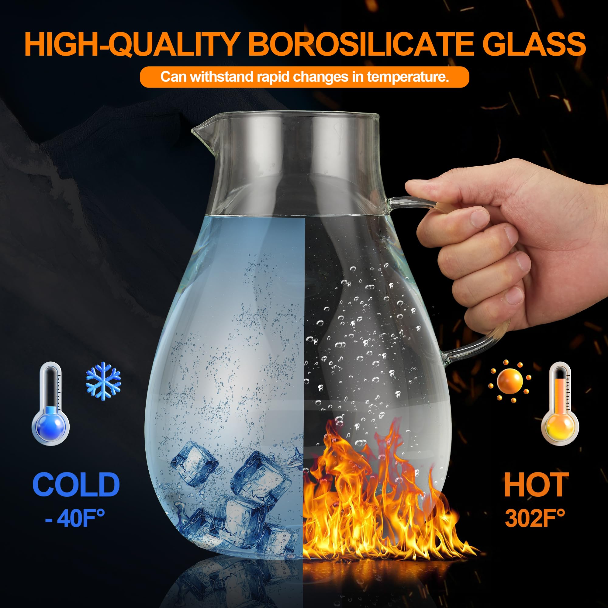 Set of 2 Glass Pitcher with Lid,2 Quart (64 oz / 1.9 Liter) Leak Proof,Glass Water Jugs, BPA-Free,Microwave & Dishwasher Safe Pitcher,Sun & Iced Tea, Sangria,Cold Brew Coffee & More