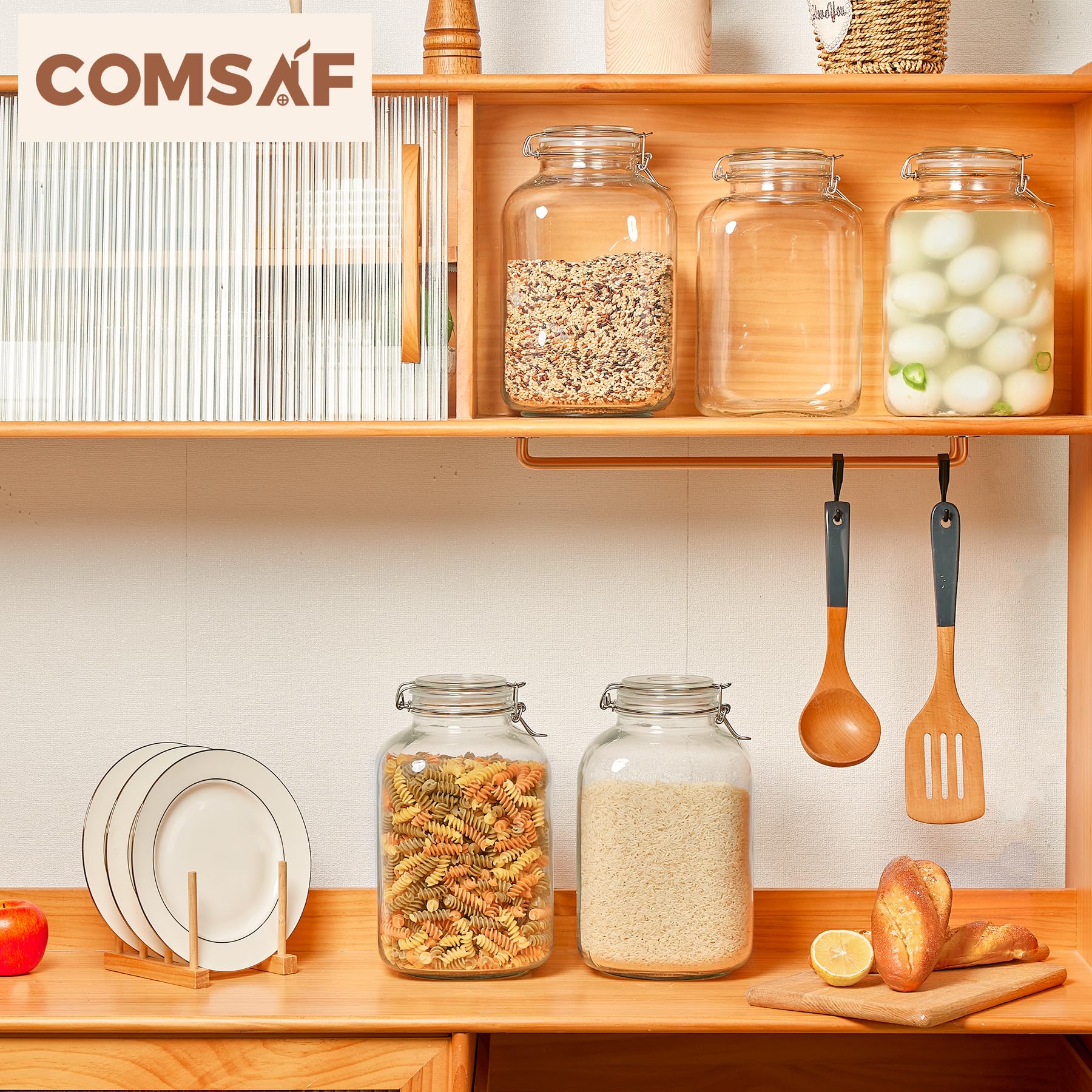 ComSaf Large Glass Jars with Lid 64 oz, Large Mason Jars Set of 3, Glass Canisters with Airtight Lids, Half Gallon Canning Jar with Seal Wire Clip Fastening for Kitchen, Pickle, Flour, Sugar, Cereal