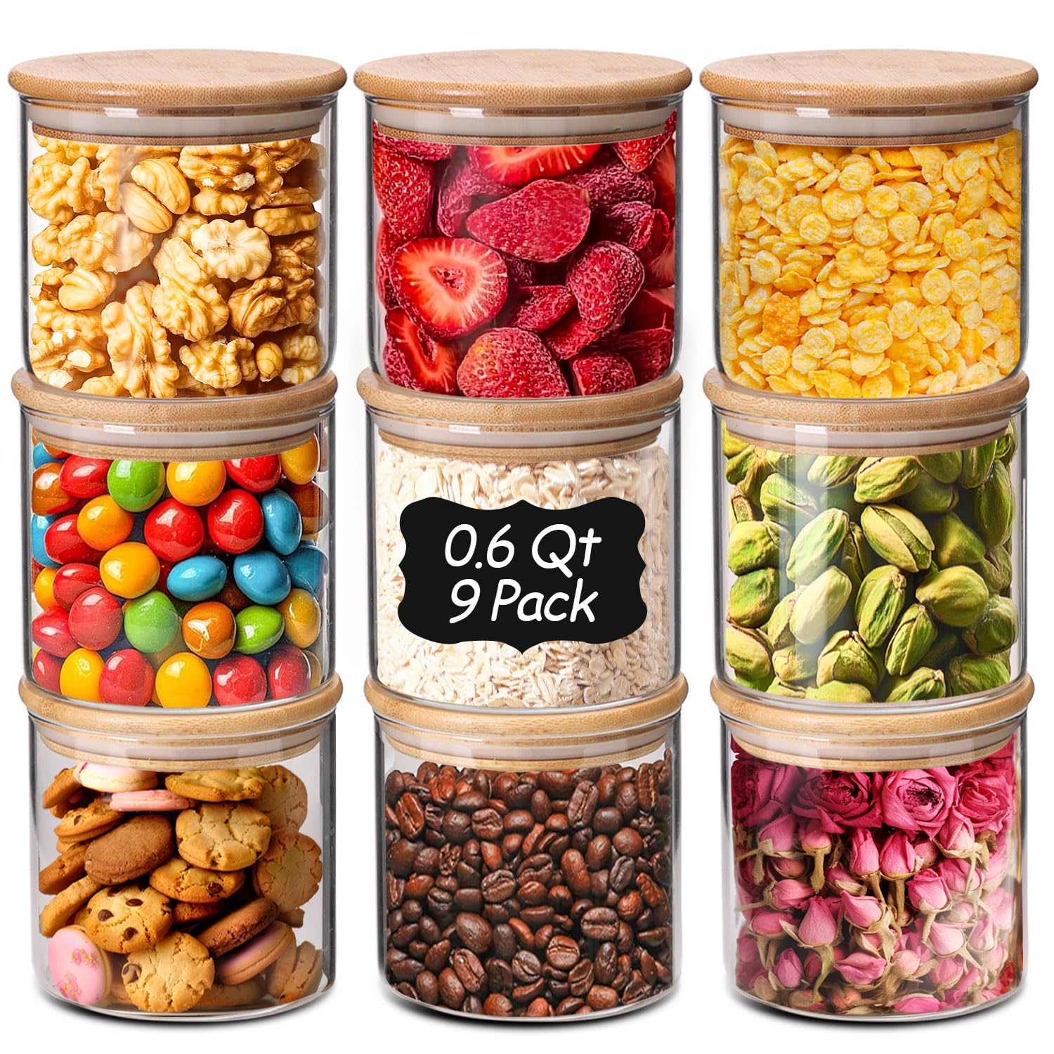 ComSaf 1 Qt Glass Storage Containers with Lids, Glass Jars with Lids, Clear Food Storage Jar, Round Canister Set of 6, Pantry Organizers for Cookie Pasta Flour Rice Tea Coffee Bean