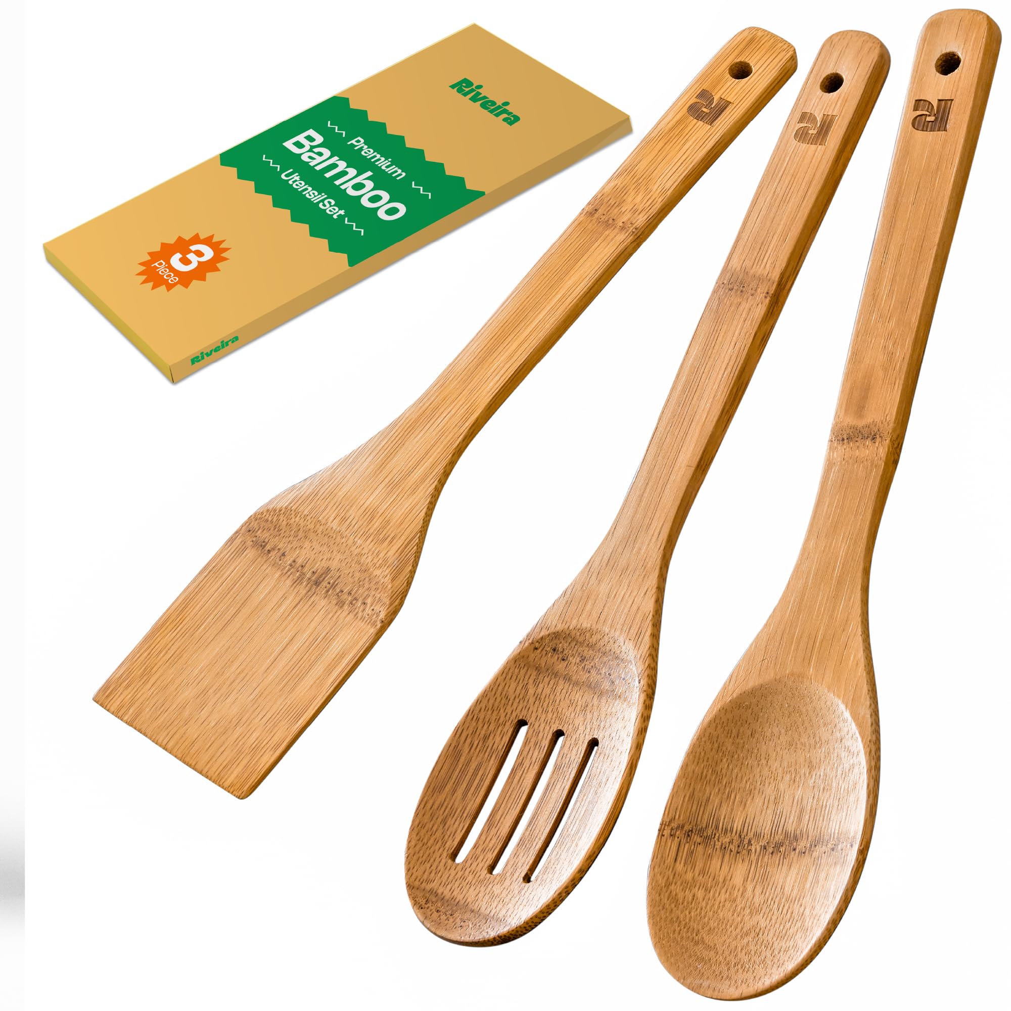 Riveira Premium Brown Bamboo Wooden Spoons for Cooking Set of 9 – Premium Brown Bamboo Wooden Cooking Utensils, Wooden Spatula, Wooden Spoon - Premium Quality Wooden Utensil Set for Non-Toxic Cooking