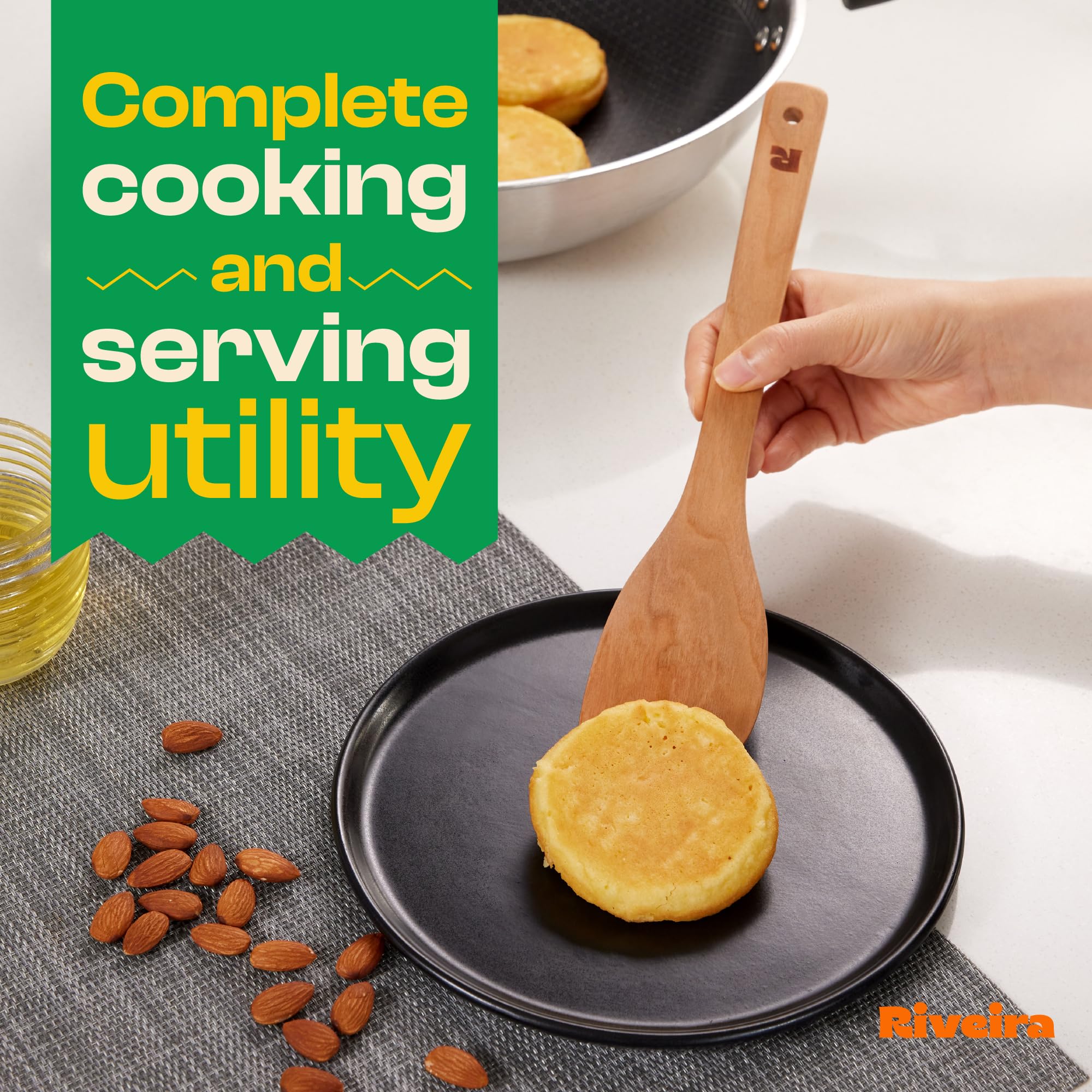 Riveira Premium Brown Bamboo Wooden Spoons for Cooking Set of 9 – Premium Brown Bamboo Wooden Cooking Utensils, Wooden Spatula, Wooden Spoon - Premium Quality Wooden Utensil Set for Non-Toxic Cooking