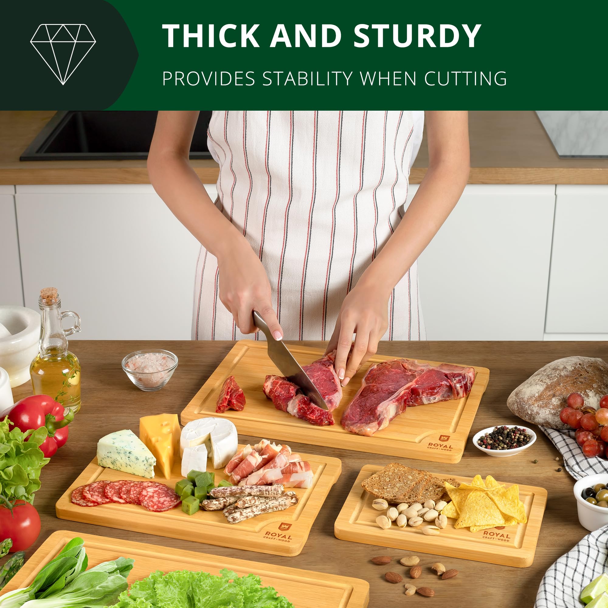 ROYAL CRAFT WOOD Wooden Cutting Boards for Kitchen Meal Prep & Serving - Bamboo Wood Serving Board Set - Charcuterie & Chopping Butcher Block for Meat